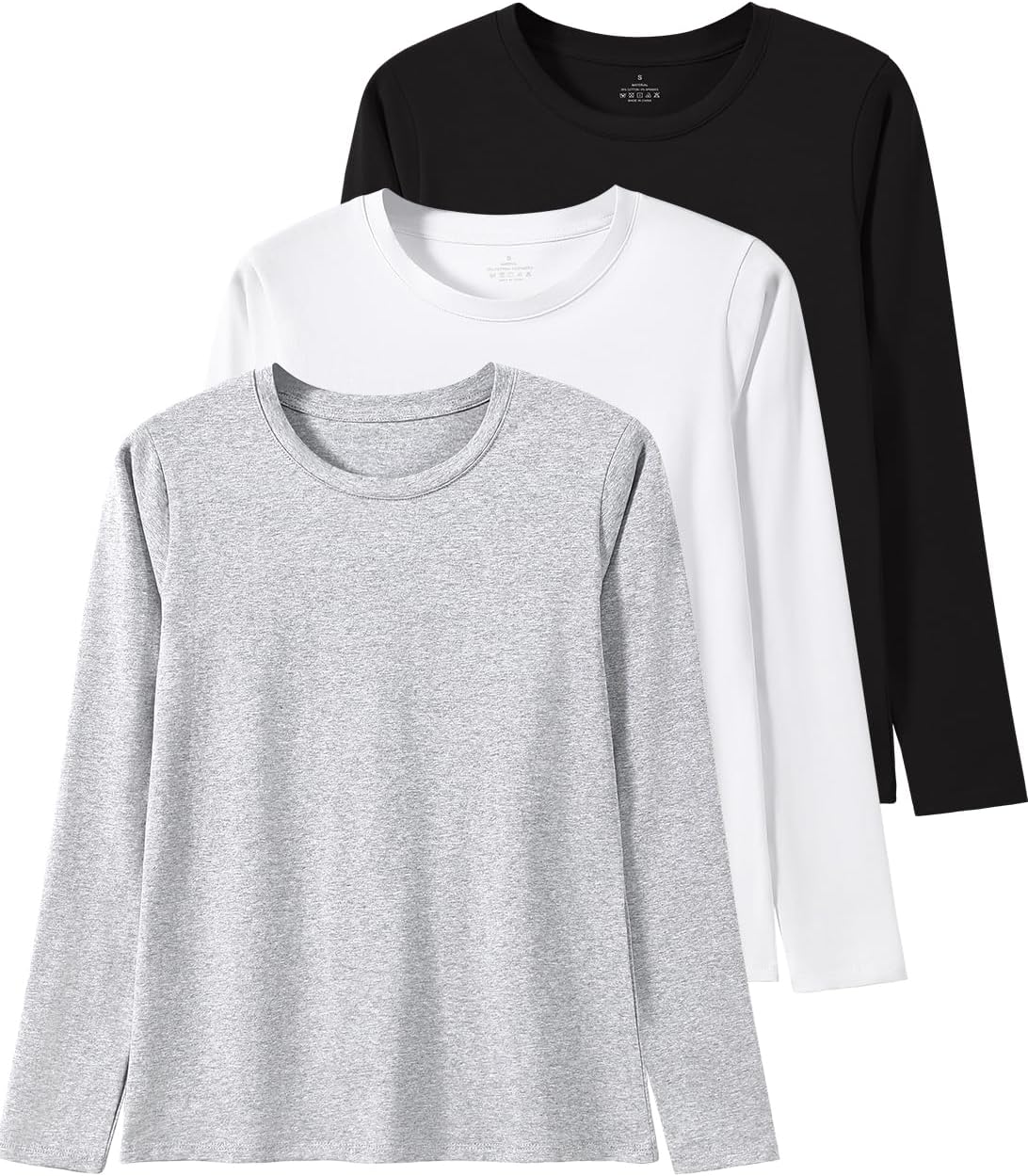 Xelky Womens Cotton Long Sleeve Shirts Workout Round Neck Casual Tops T-Shirt Plain Basic Soild Tee 3 Pack