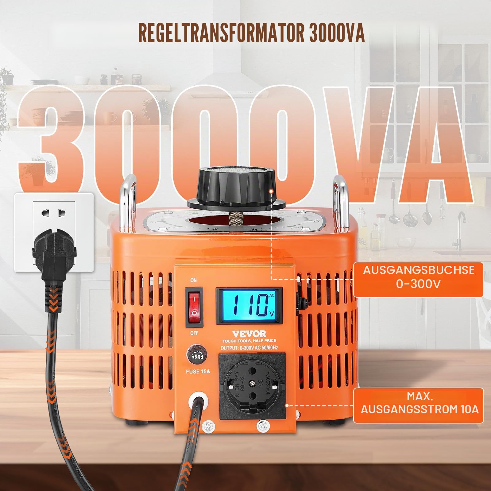 VEVOR 3000VA automatischer Stelltransformator mit variabler Spannung, 10 Ampere, 230 V Eingang, 0-300 V Ausgang, Wechselspannungsregler, mit LCD-Display, 4 zusätzlichen Sicherungen