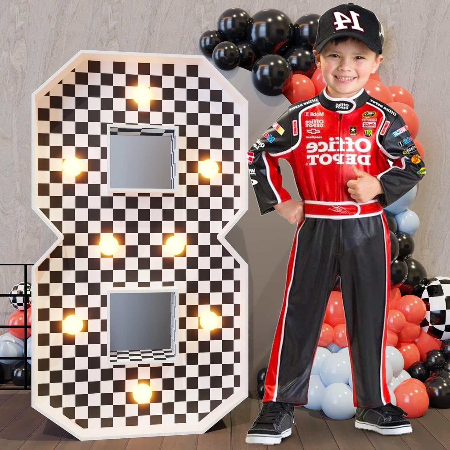 Marquee Numbers Race Car Birthday-Decorations: 3ft Large Fast One Party Decor Boy 8th 18th Big Light Up Cardboard Number 8 Race Car Number 8