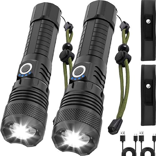 Victoper Paquete de 2 linternas LED, linterna táctica súper brillante de alta potencia, luz de flash recargable, 5 modos de zoom, luces de flash