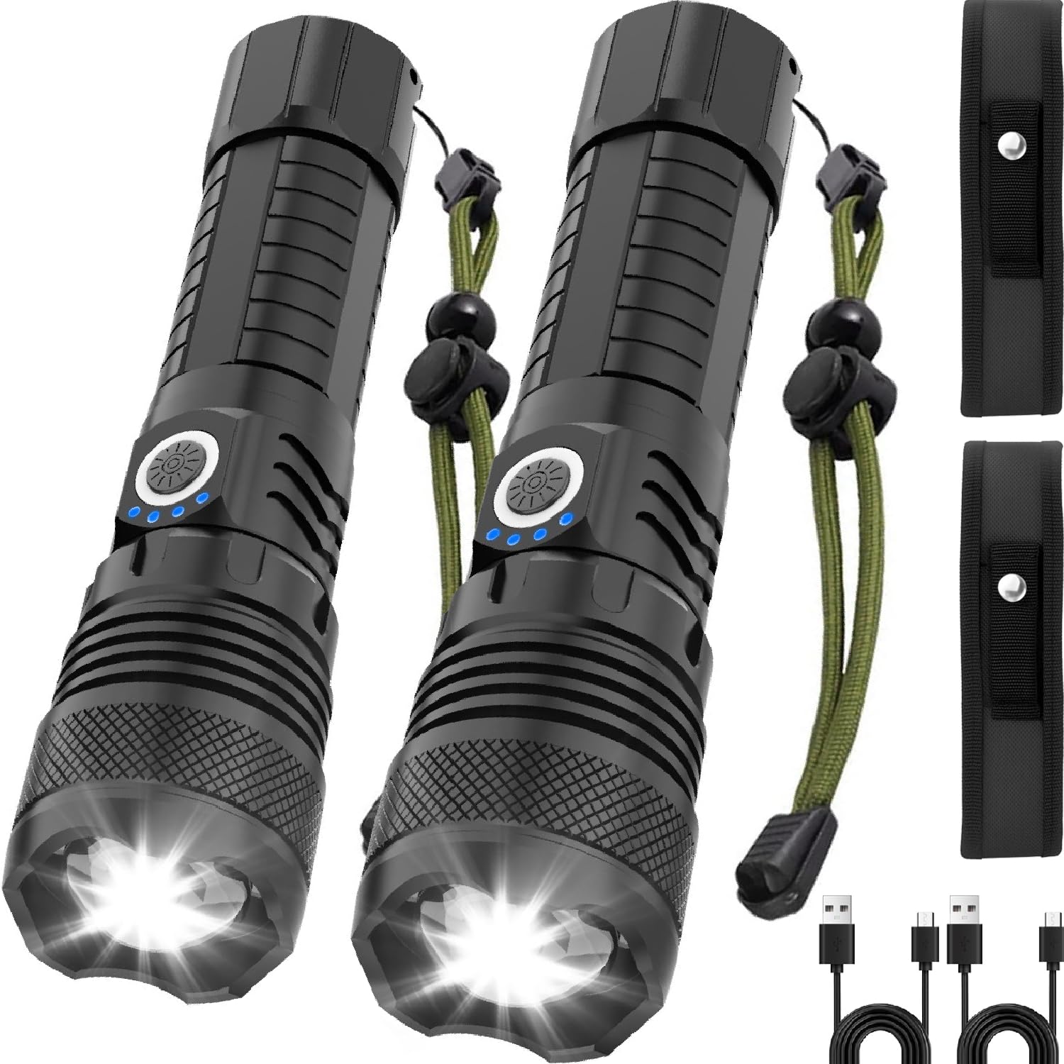 LED Flashlights 2 Pack, High Powered Lumens Super Bright Tactical Flashlight, Rechargeable Flash Light, 5 Modes Zoomable Waterproof Flash Lights for Emergency, Outdoor, Camping, Hiking