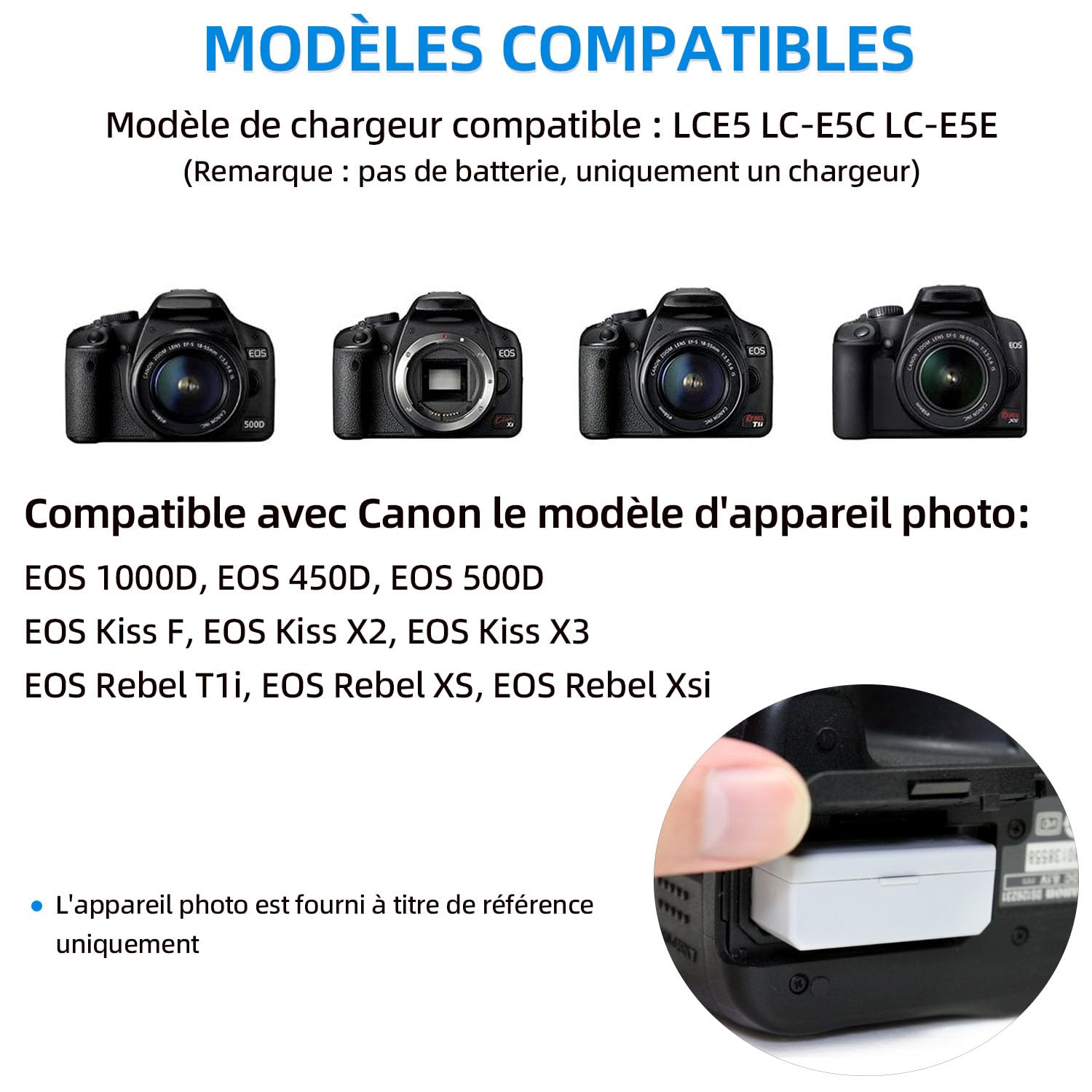 LP-E5 Chargeur de Batterie LC-E5 LC-E5E Compatible avec Canon EOS 1000D, EOS 450D, EOS 500D, EOS Kiss F, EOS Kiss X2, EOS Kiss X3, EOS Rebel T1i, EOS Rebel XS, EOS Rebel Xsi