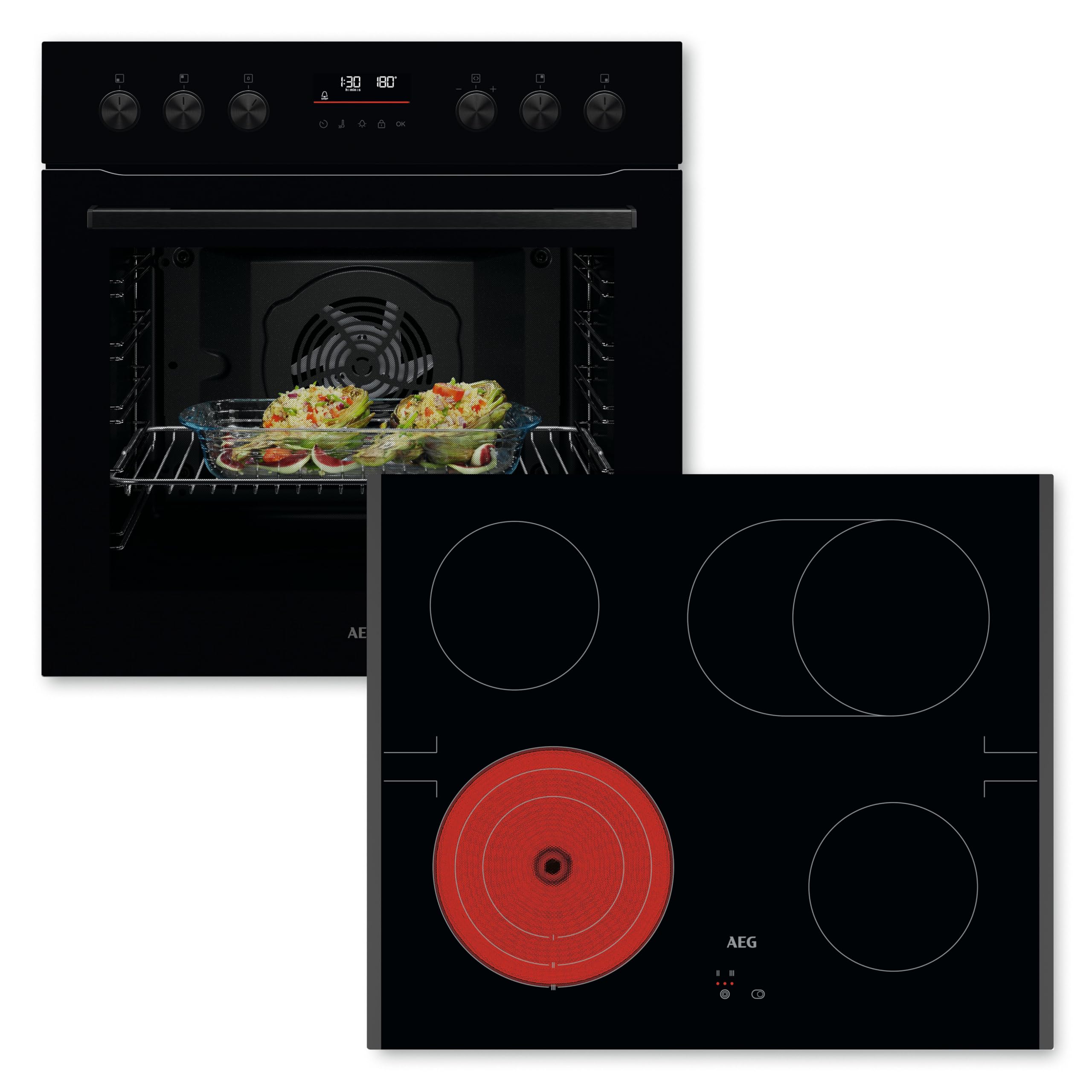 AEG Einbauherd-Set OO21HSPB, bestehend aus Herd OU5PE40SK Serie 5 mit Pyrolyse: Selbstreinigungs-Funktion & strahlenbeheiztem Kochfeld TA64RA07FB 60cm: Bräter- und Zweikreiskochzone