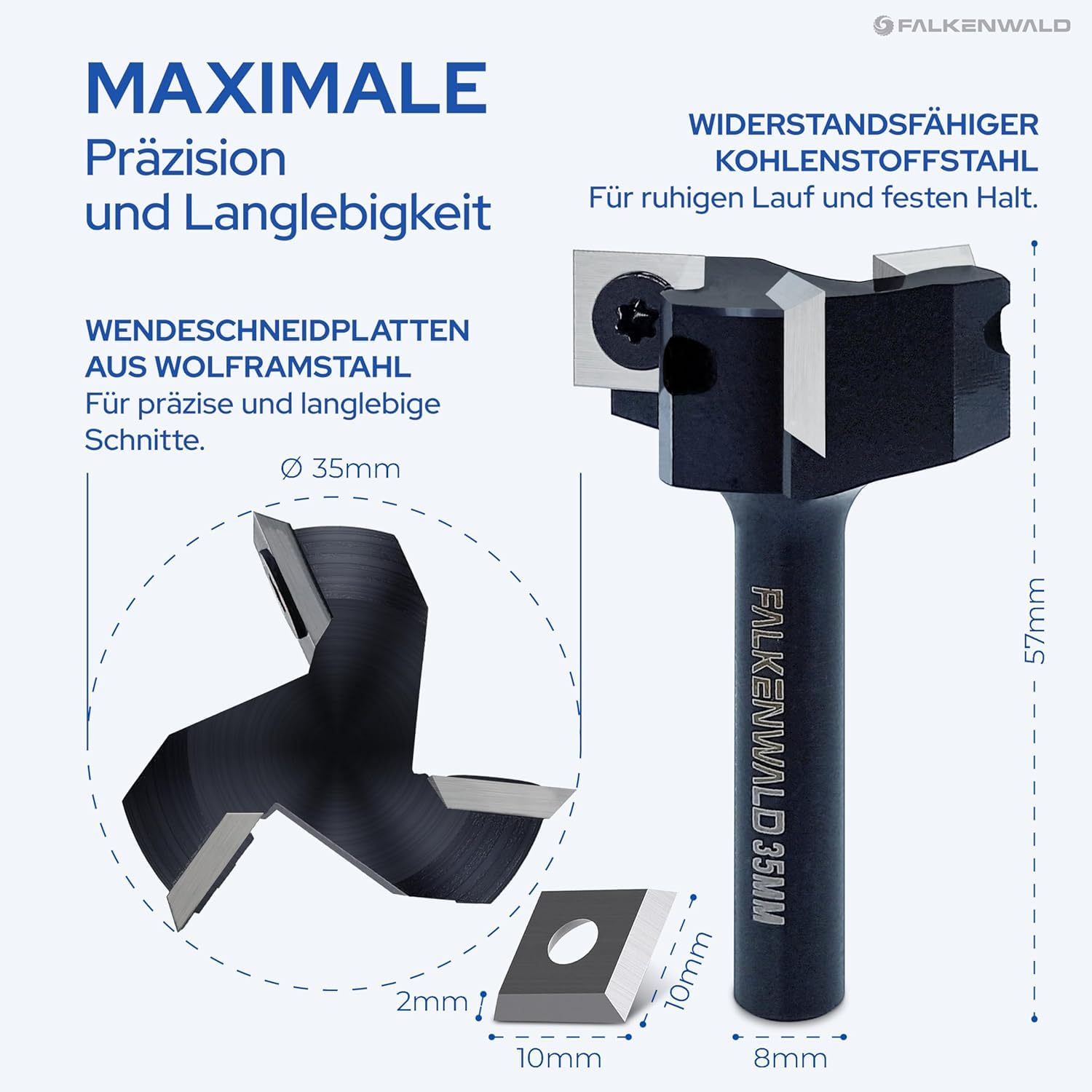 Falkenwald Planfräser 8mm schaft für Holz Ø 35 mm - Planfräser für Oberfräse aus Wolframstahl mit Ersatzplatte - Ideal zum Planfräsen/Nutfräsen/Kantenfräsen