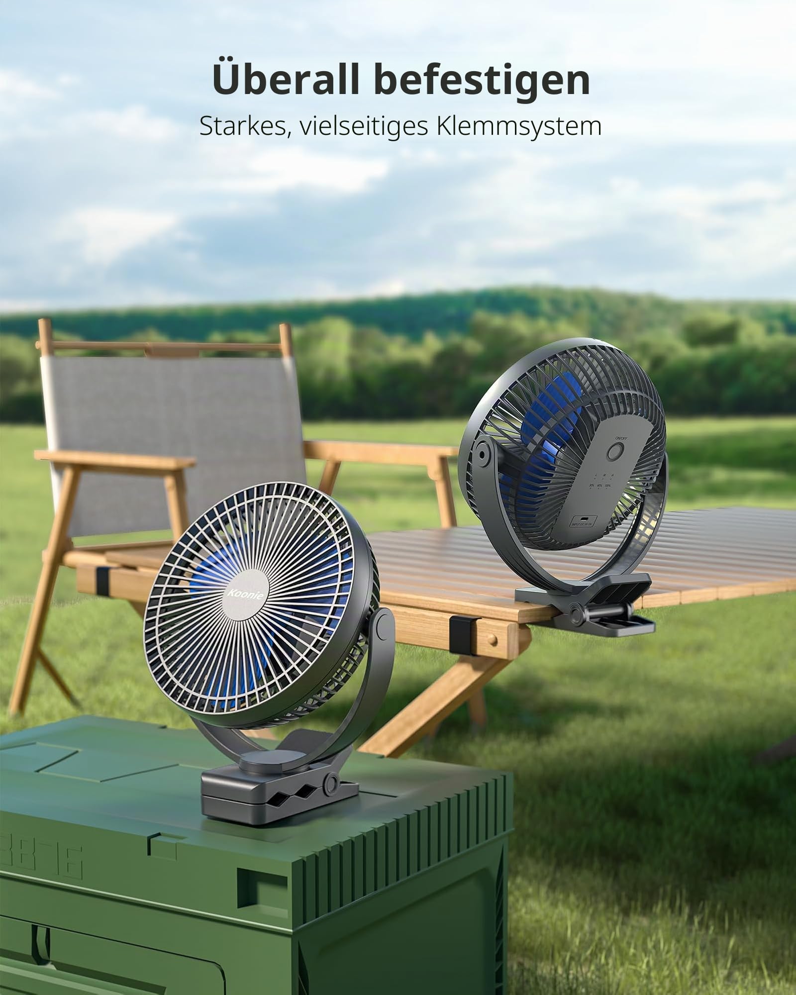 Koonie USB Clip Ventilator 10000mAh 20cm Tischventilator 4 Geschwindigkeiten 360° Drehung Leise Wandventilator