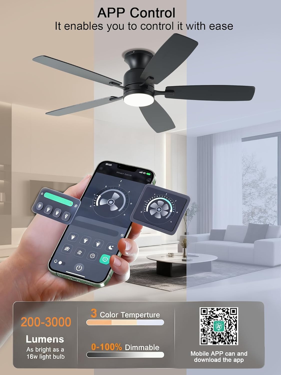 KNUN Ceiling Fans with Lights，52'' Flush Mount Ceiling Fan with Light and Remote/APP Control, 3CCT Dimmable, DC Motor, Low Profile Ceiling Fan for Living Room, Bedroom, Indoor/Outdoor Use（Black） - Image 5