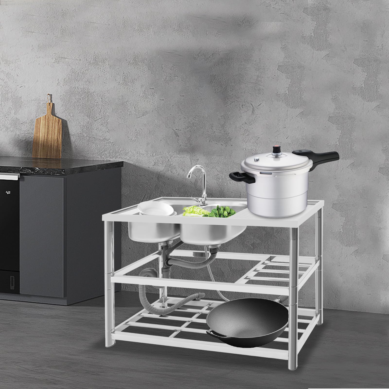 Lavabo indipendente in acciaio inox con rubinetto e doppio lavello, 120 x 45 x 80 cm, mobile lavello da cucina industriale con rubinetto e banco da lavoro in acciaio inox per esterni e campeggio