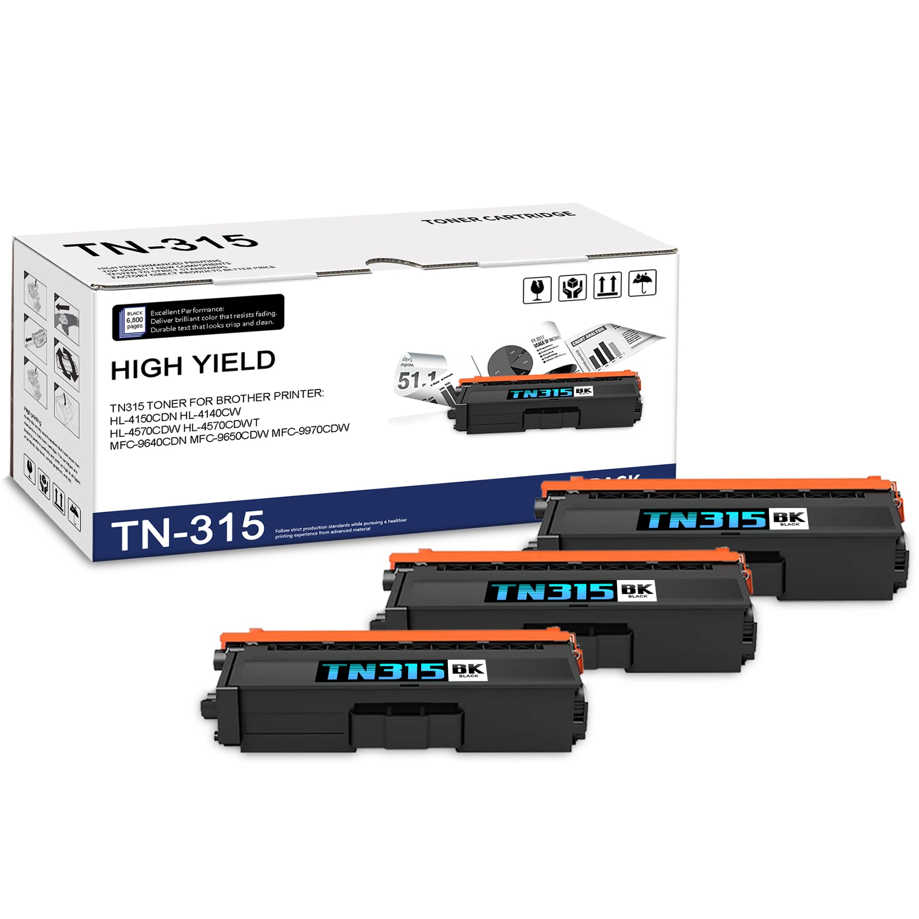 3-Pack TN315 High Yield Black Toner Cartridge, Replacement for Brother TN-315 for HL-4150CDN HL-4140CW HL-4570CDW HL-4570CDWT MFC-9640CDN MFC-9650CDW
