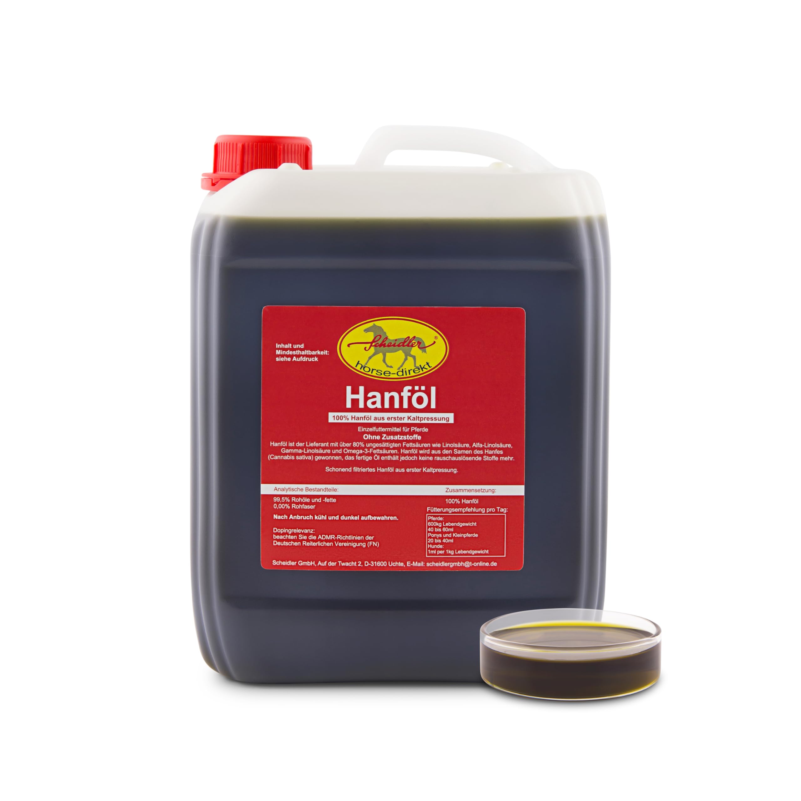 Scheidler Horse-direkt Hanföl für Pferde & Hunde, 5 Liter Kanister 100% kaltgepresstes Hanföl aus dem Natursamen Naturprodukt ohne Zusatz, auch zum Barfen