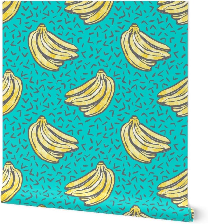 Peel & Stick Wallpaper Swatch - Teal Small Scale Pattern Turquoise Blue Bananas Memphis Watercolor 80S Retro Custom Removable Wallpaper by Spoonflower