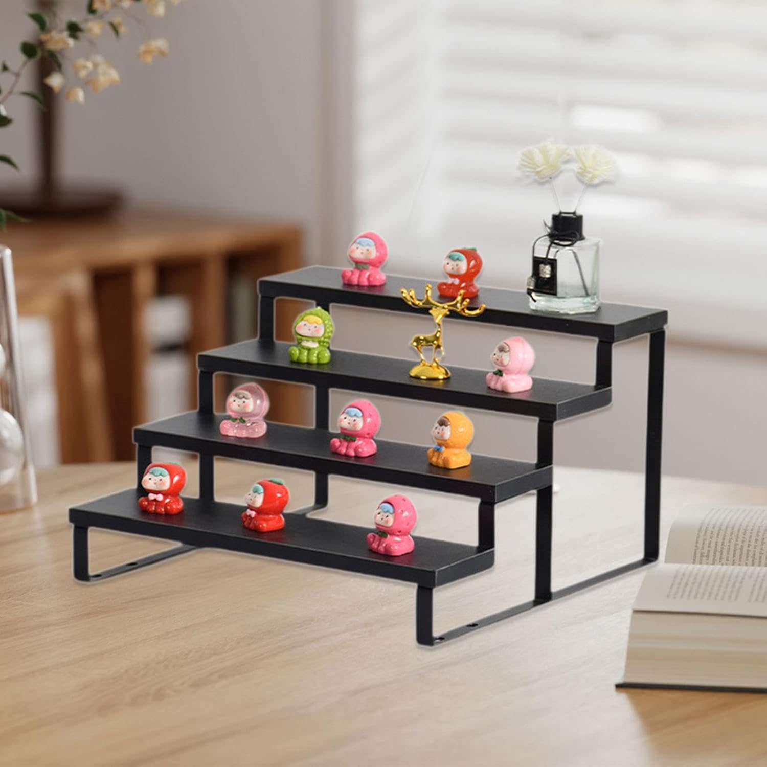 Wood Display Stand Jewelry Organizer Wooden Ladder Simple Windowsill Plant Stand Shelf Toys Storage Shelf for Office Decor, Black