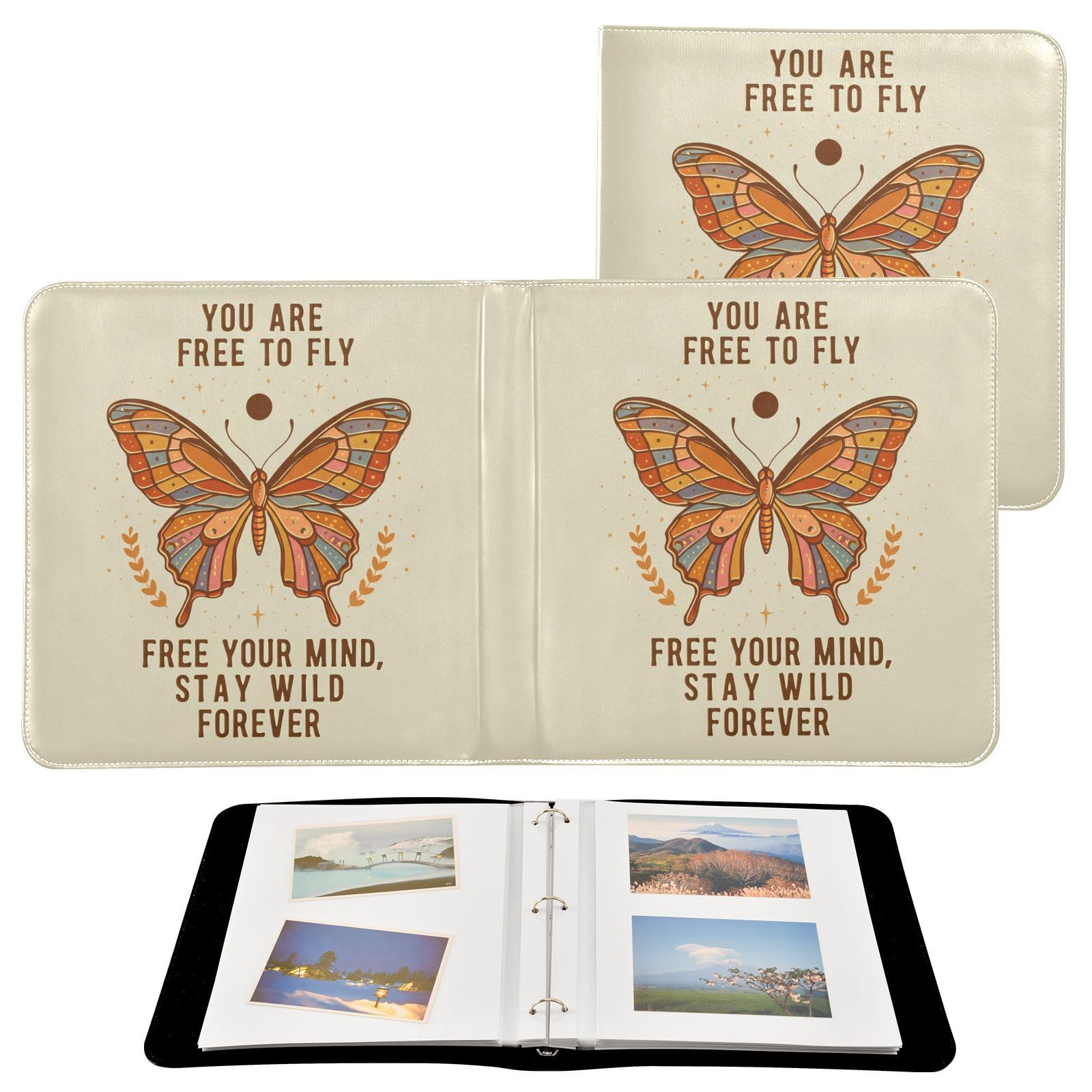 Butterfly Text Freedom Beige Leather Photo Album Self Adhesive Pages Scrapbook Album 3 Ring Binder Waterproof Photo Book for Travel Couples Girls Boys