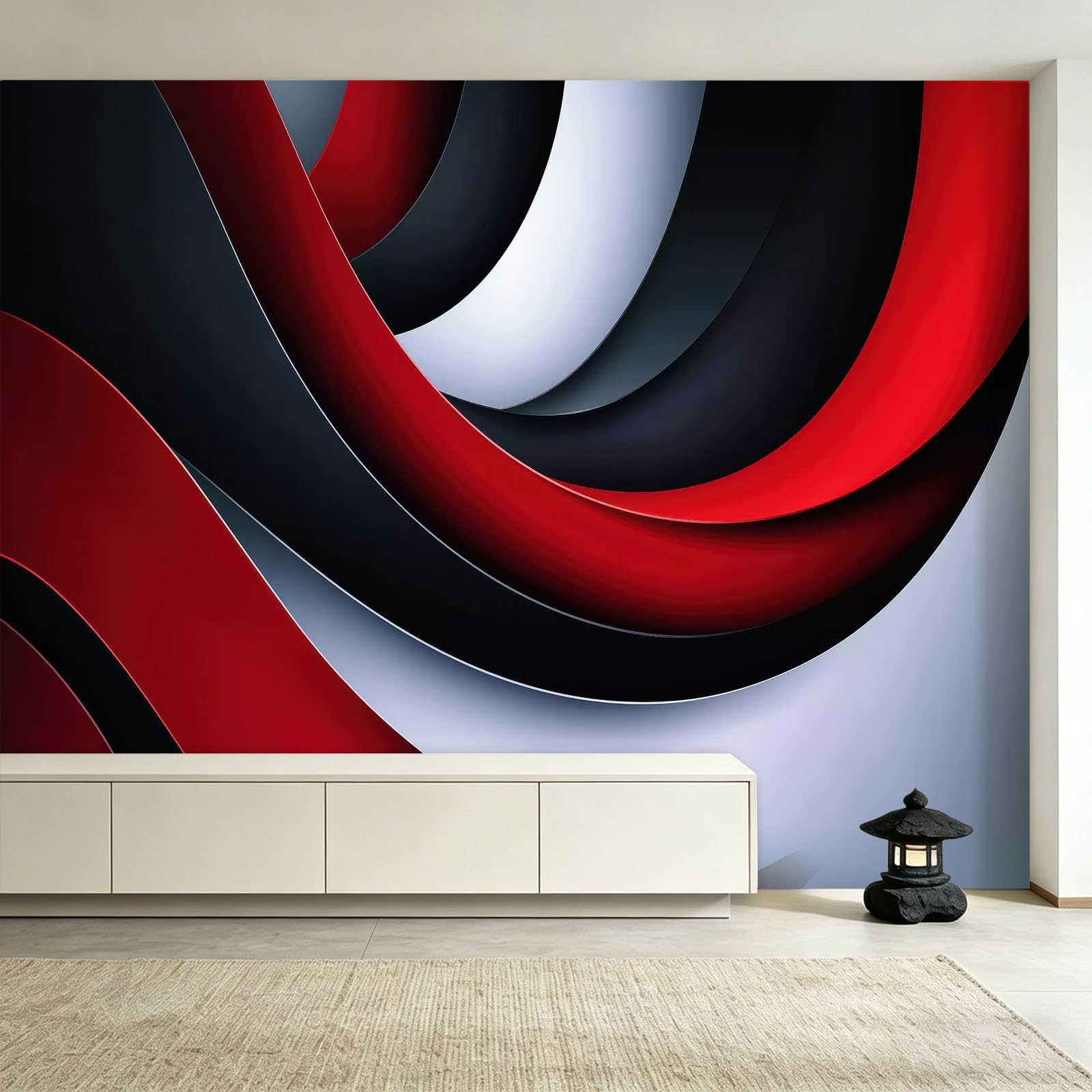 Carta da parati murale in tessuto non tessuto, 300 x 210 cm (L x A) - Decorazione da parete industriale astratta curve rosso nero bianco per sala riunioni moderna sala giochi
