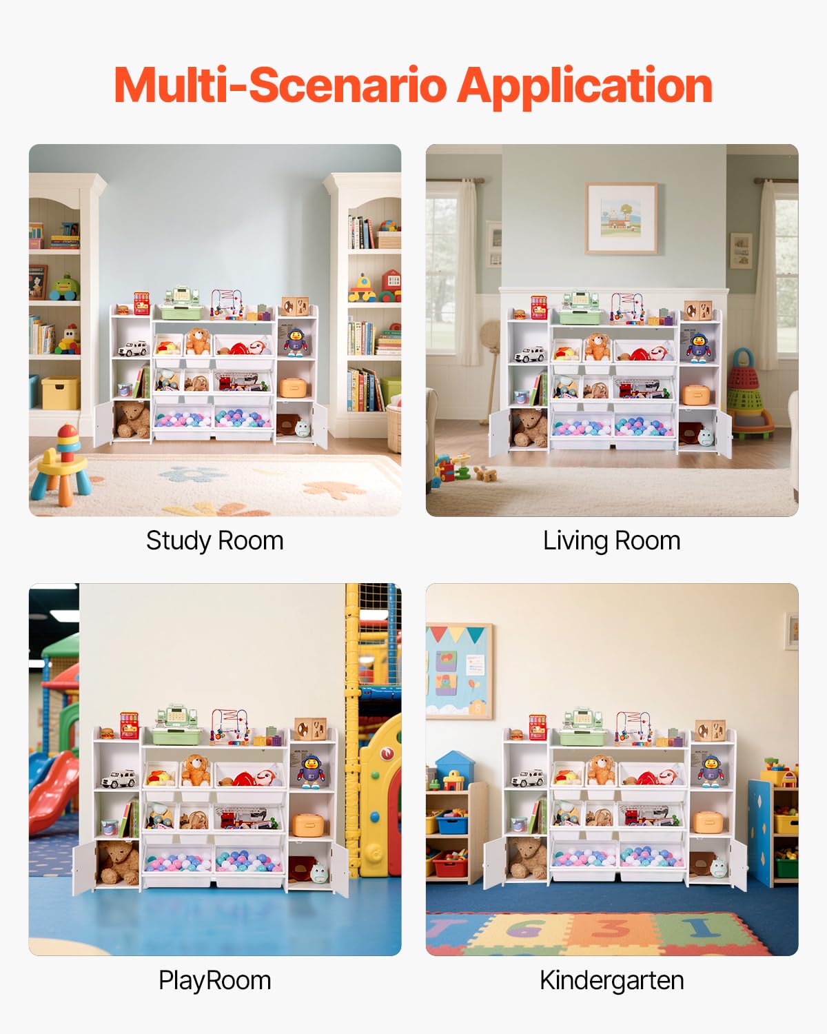 VEVOR Meuble de Rangement Jouets Enfant à 4 Niveaux avec bibliothèque, Grande étagère d'organisateur de Jouets avec 8 bacs en Plastique Flexibles, pour Salle d'étude, Chambre, Salle de Jeux, Blanc