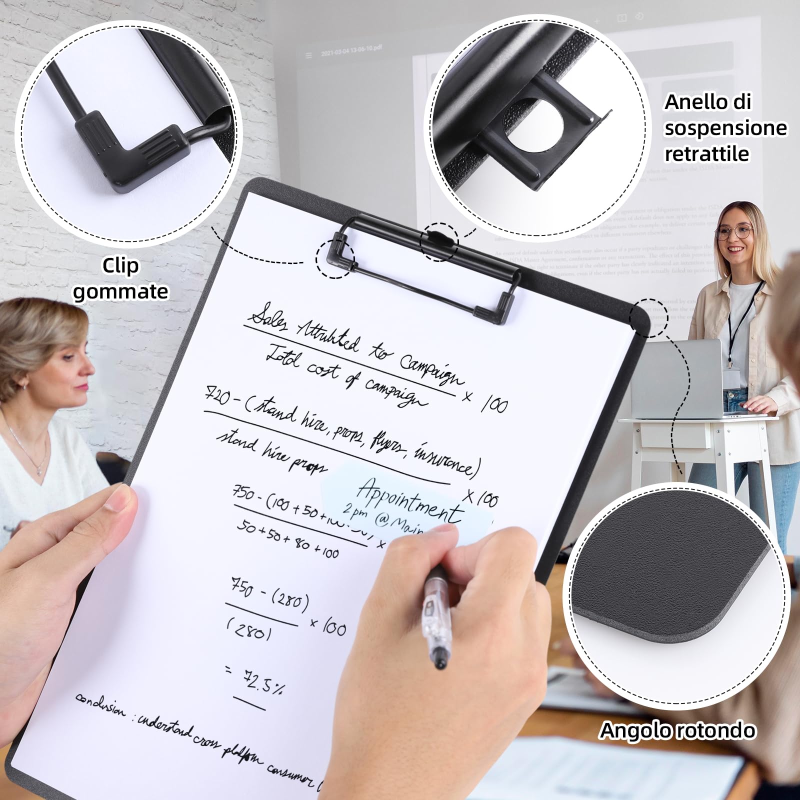 FRETONBA 6 Pezzi Portablocco A4, Cartellina Rigida con Pinza, Portablocchi in Plastica Con Ganci Retrattili, Porta Fogli A4 da Scrivania per Scuola, Ufficio e Biblioteca(Nero)