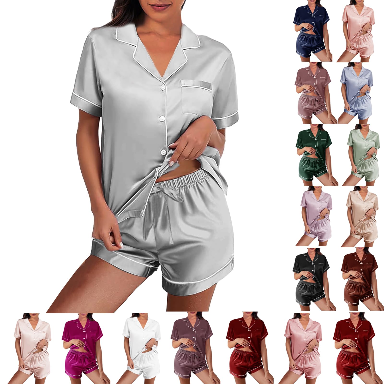 WJing Yi Jia Womens Silk Satin Pajamas Loungewear Two-Piece Sleepwear Button-Down Floral Pj Set XS-4XL