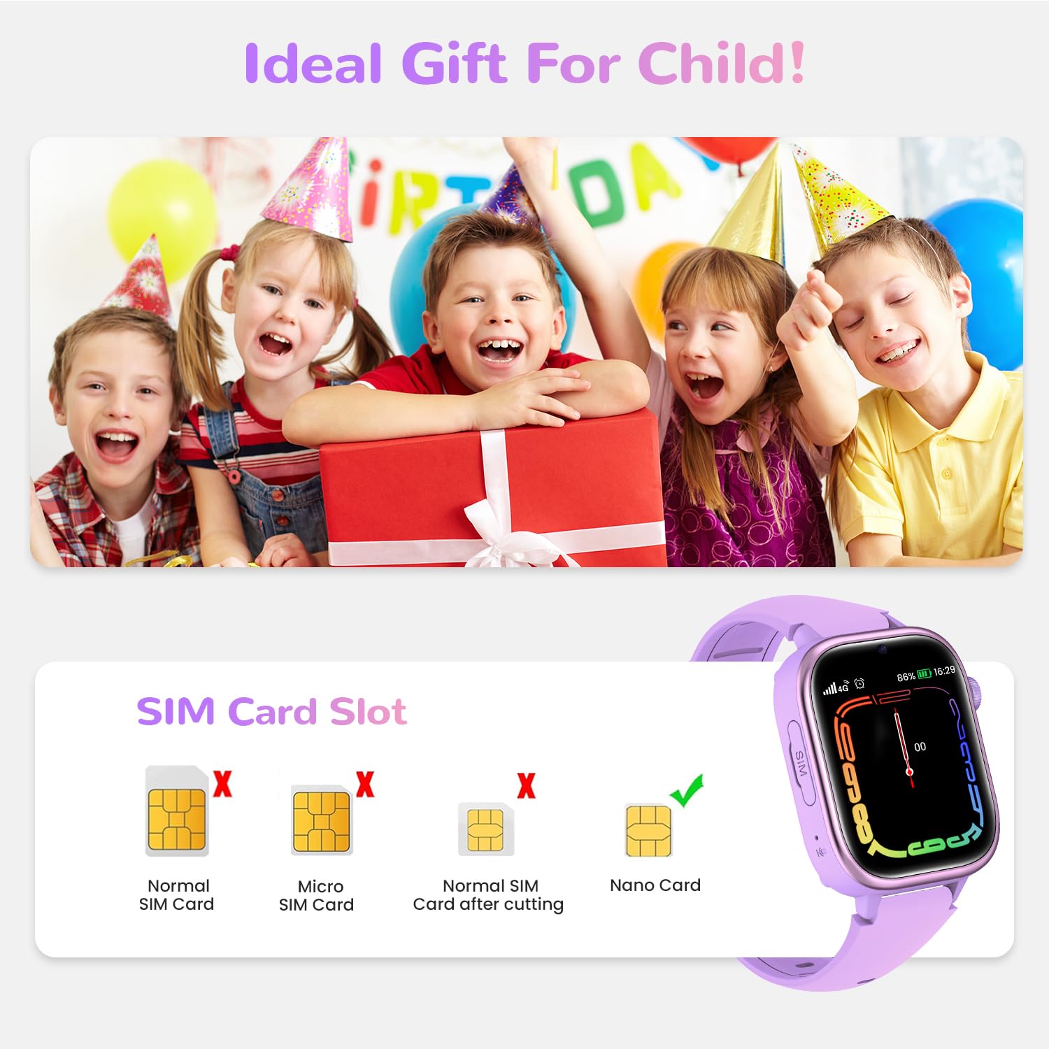 Reloj Inteligente Niño con Videollamada, 4G Smartwatch Niño con GPS y Llamadas, SOS, Chat de Voz, Modo Escuela, Podómetro, Despertador, Monitor de Sueño IP68 Impermeable Regalo para Niños Niñas Morado