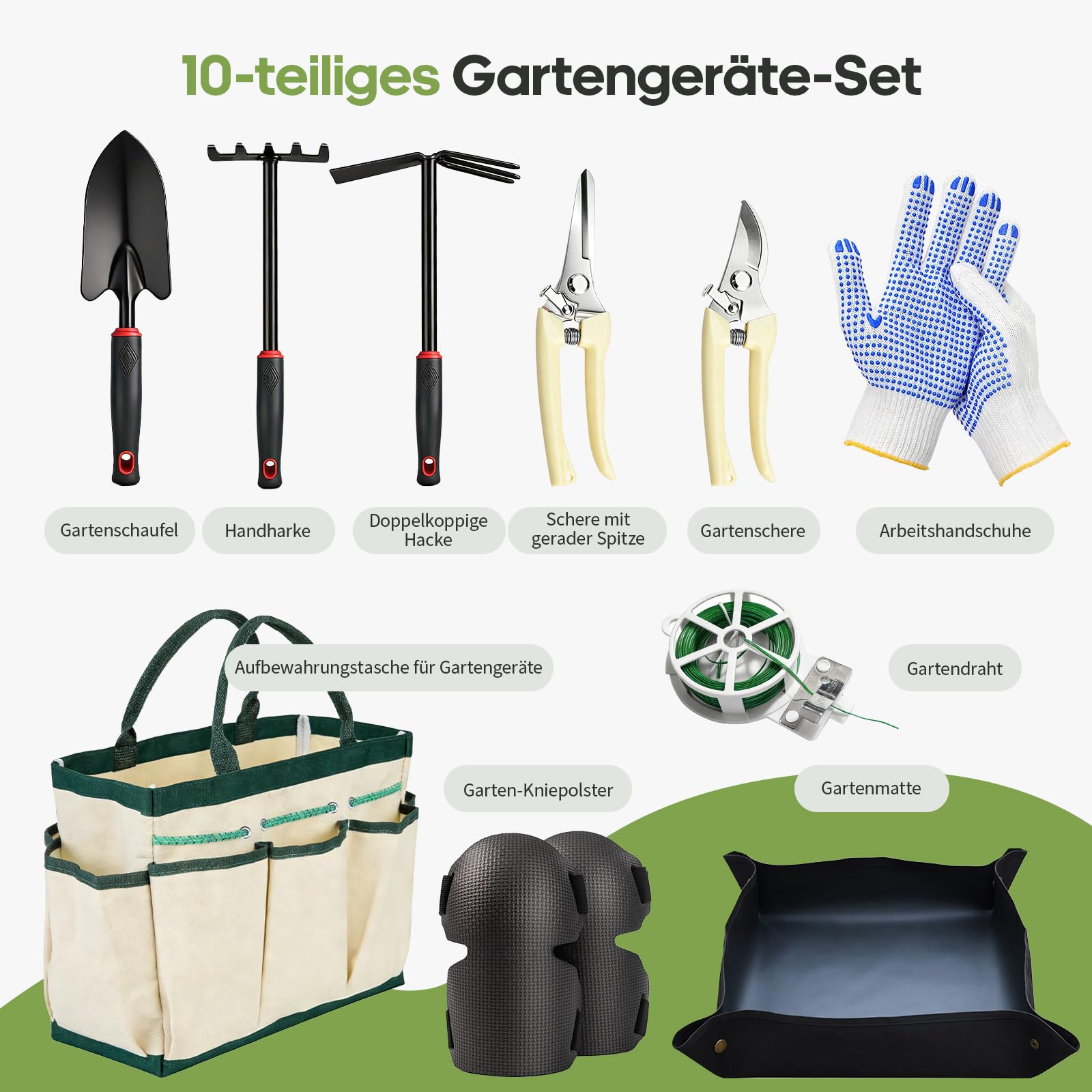 GPANDAG Gartenwerkzeug Set - 10 teilig Gartengeräte Set mit rutschfestem Griff, Gartenset zum Pflanzen, Pflegen, Gemüse