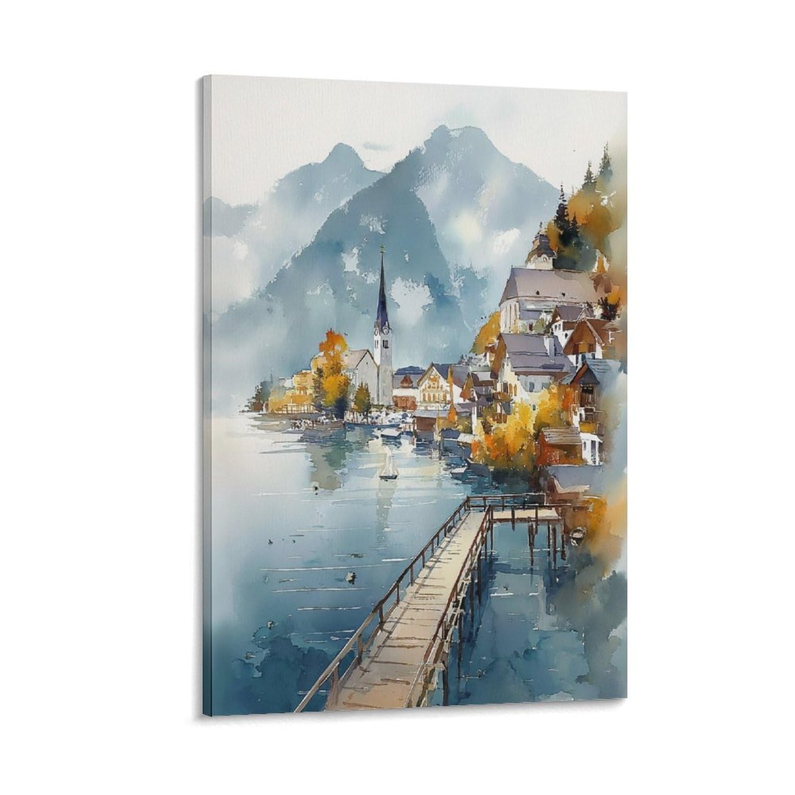 Cnaheiz Frame-Style Skagway Alaska Watercolor Painting Coastal Town Art Print Posters 20X30inch(50X75cm) Vintage Watercolor Canvas Art