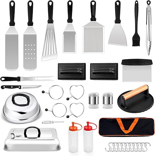 Leonyo Juego de 26 accesorios de parrilla de acero inoxidable con espátula de metal, 2 cúpulas de fusión, prensa de hamburguesas, herramienta