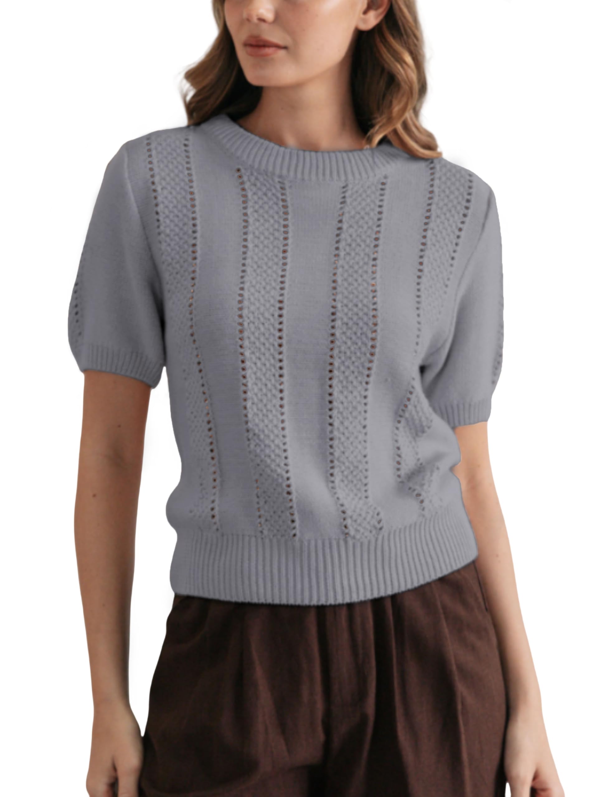 Yeokou Womens Short Sleeve Sweater Round Neck Eyelet Knit Crochet Pullover Summer Fall Knit Top