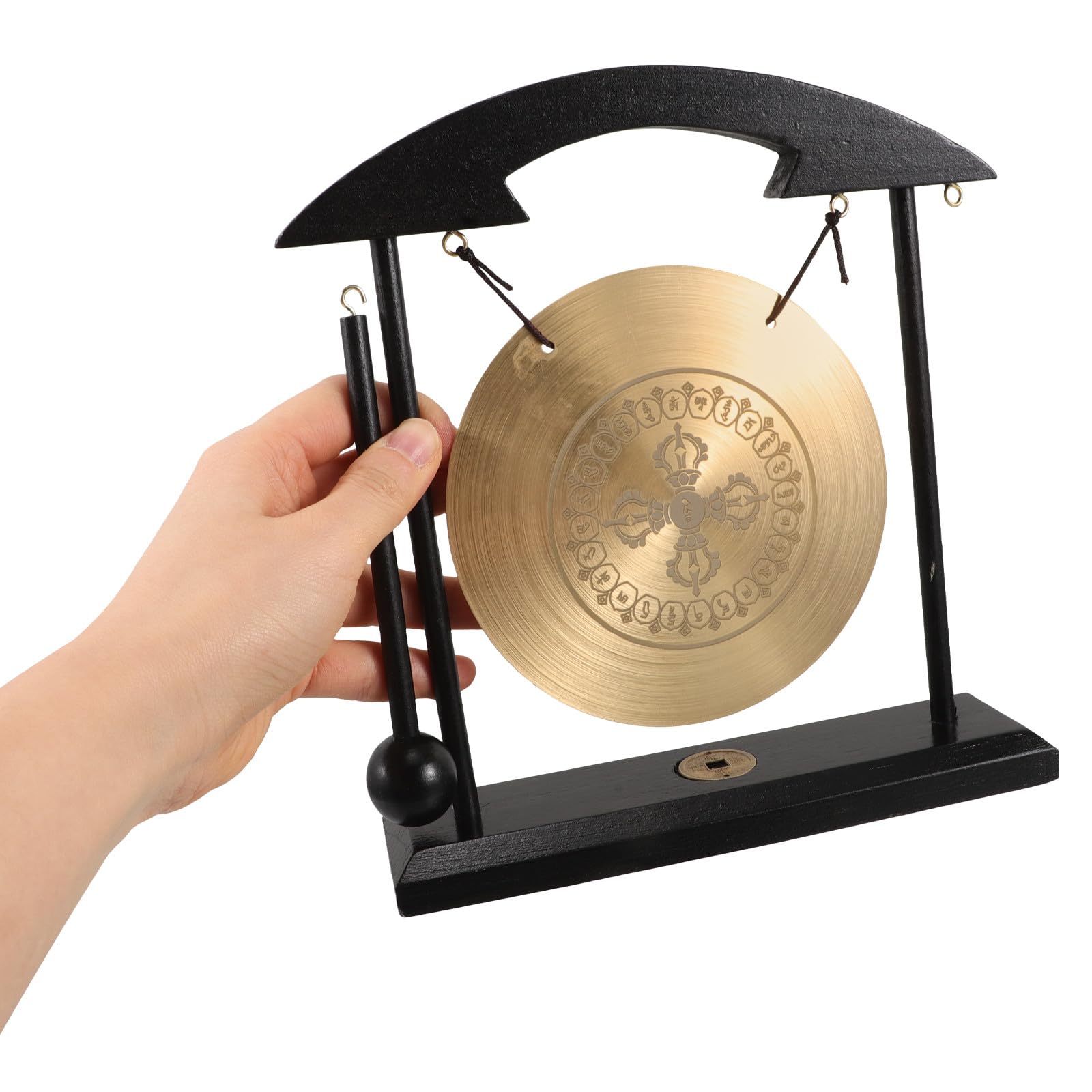 Didiseaon Gong de Meditación de Aleación con Diseño Vajra, Mini Gong de Mesa Feng Shui en Latón Dorado, Campana Decorativa para Oficina y Hogar, Adorno Zen Coleccionable con Soporte y Mazo