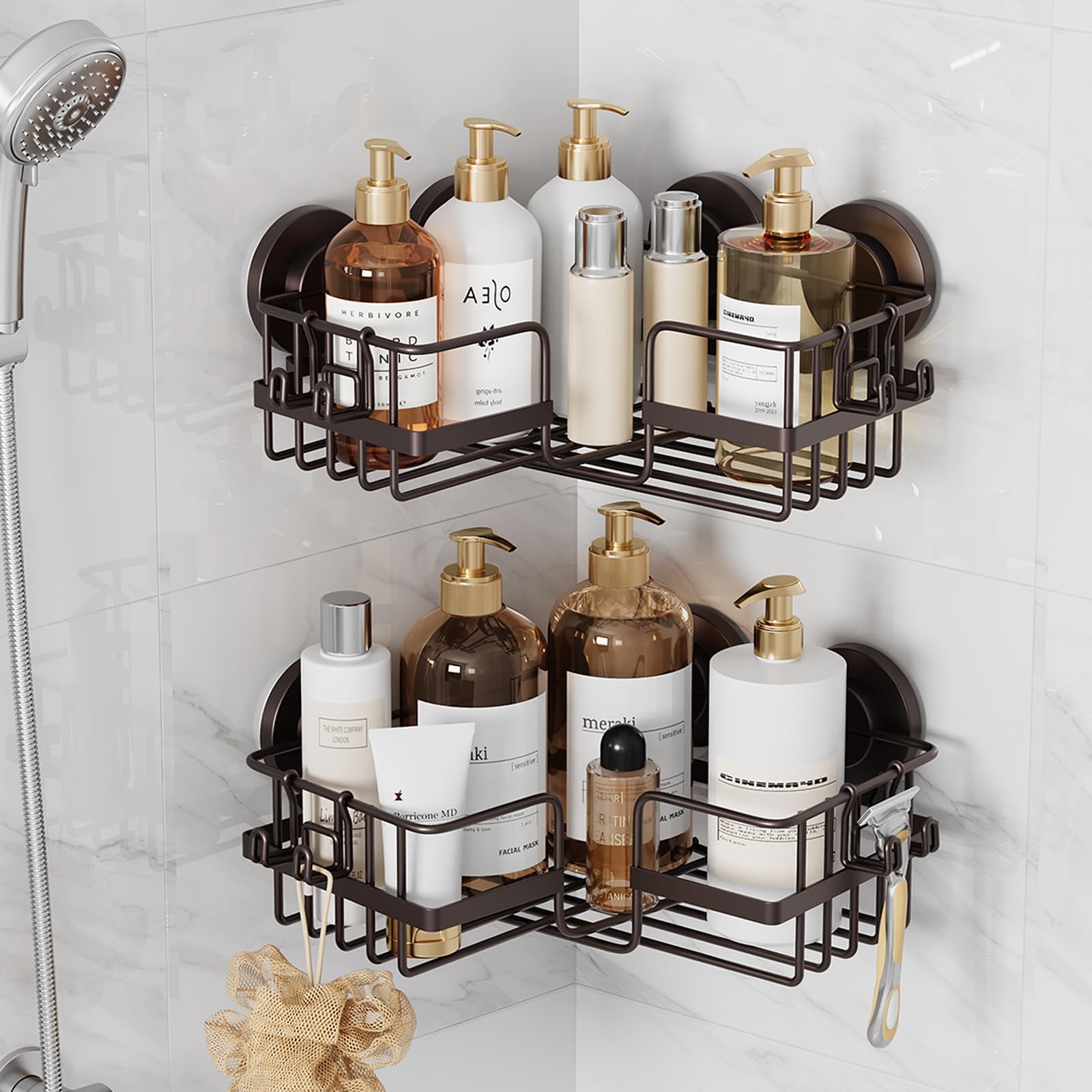 TAILI 2 Pack Powerful Suction Cup Shower Caddy Corner-adaptive Stainless Steel Rustproof Shower Shelves with Hook Drill-Free Wall