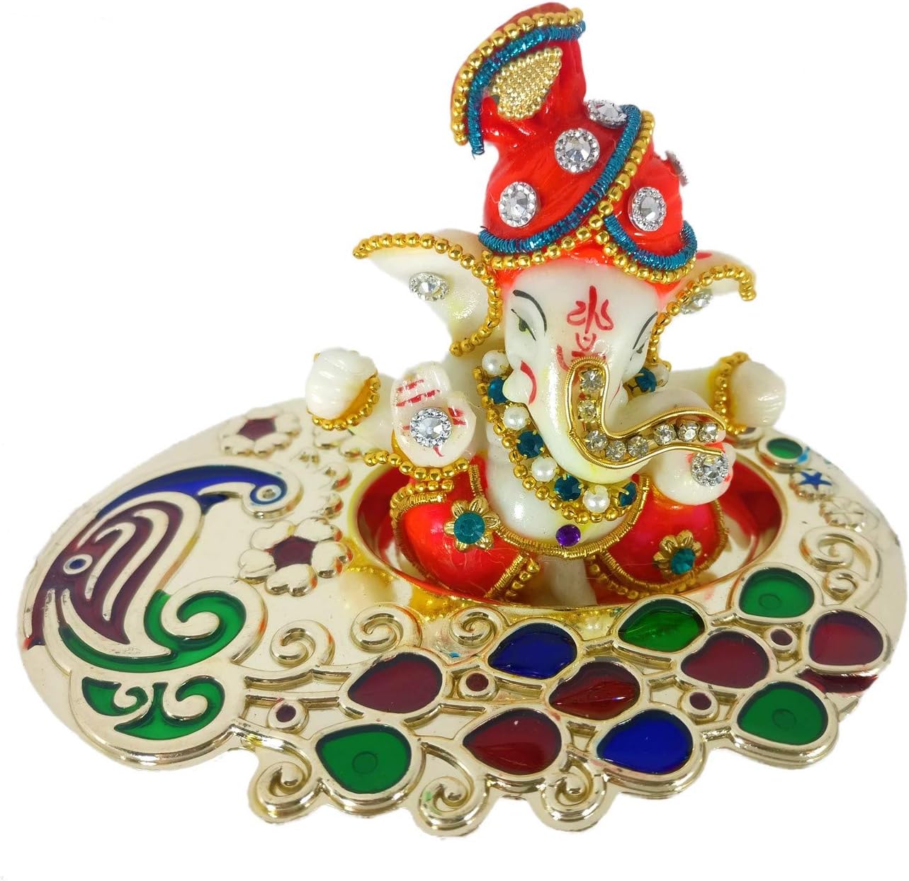 Sacred Blessings Polyresin Ganesh Idol on Tray for Car Dashboard Showpiece Ganesh Ji Statue (11 x 8 x 8) cm, Multicolour,1 Piece