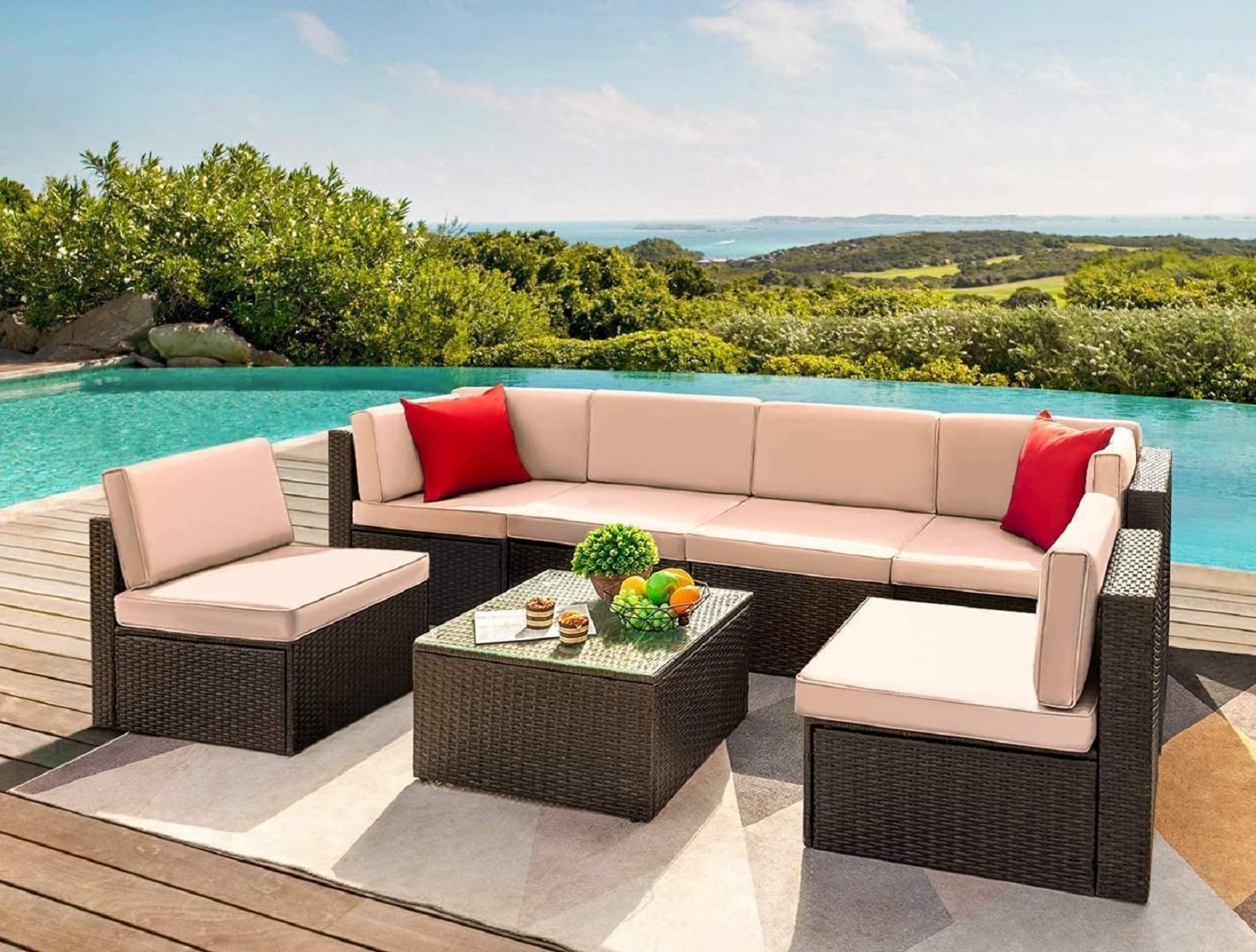 OUTLIVING Outdoor Sofa Set | Patio Furniture Balcony Sofa Sets | Garden Sofa Set with Cushion and Center Table (6 Seater- Dark Brown)