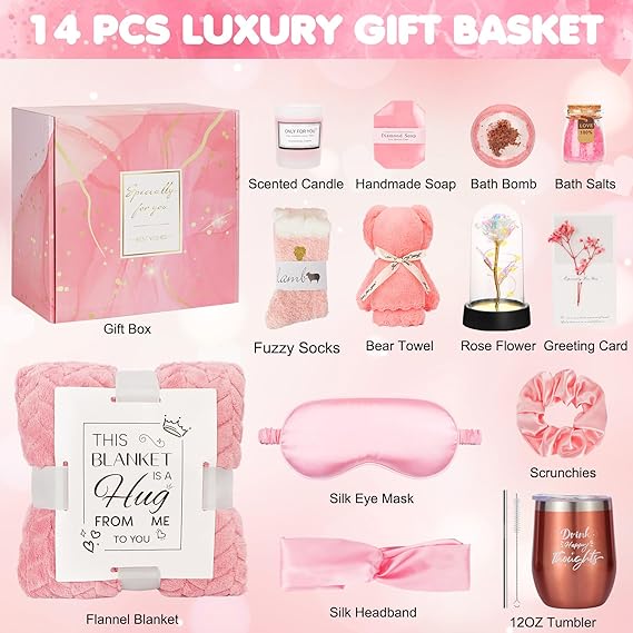 Birthday and Get Well Gifts for Women - Relaxing Spa Care Package With Luxury Flannel Blanket, Light-Up Rose Flower - Unique Self Care Gift Basket for Mom, Wife, Friends