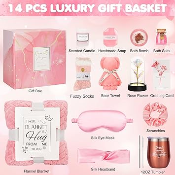 Birthday and Get Well Gifts for Women - Relaxing Spa Care Package With Luxury Flannel Blanket, Light-Up Rose Flower - Unique Self Care Gift Basket for Mom, Wife, Friends