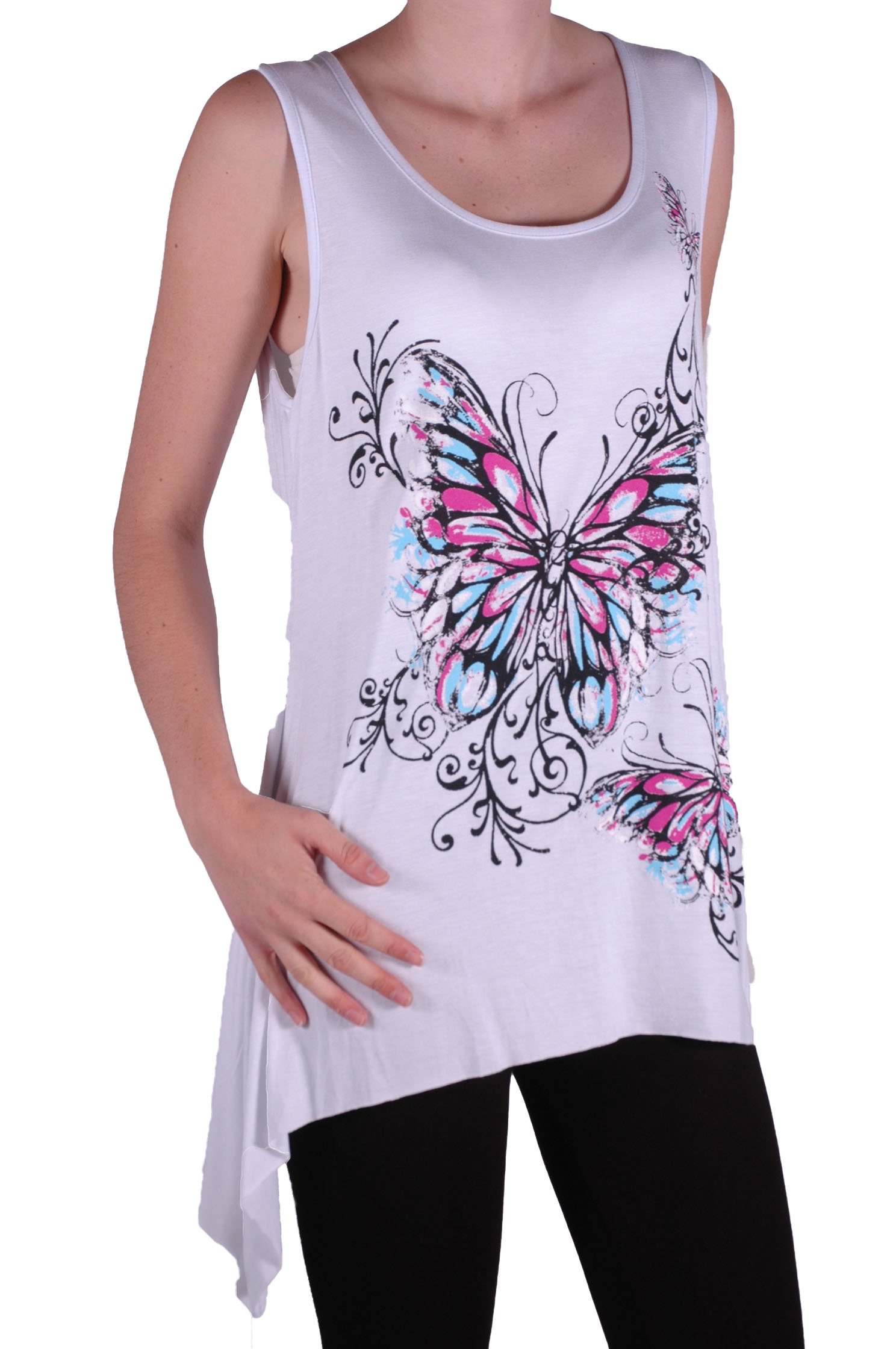 Eye Catch - Kayla Butterfly Ladies Sleeveless Long Stretch Vest Top Ladies Plus Size White XL 16-18