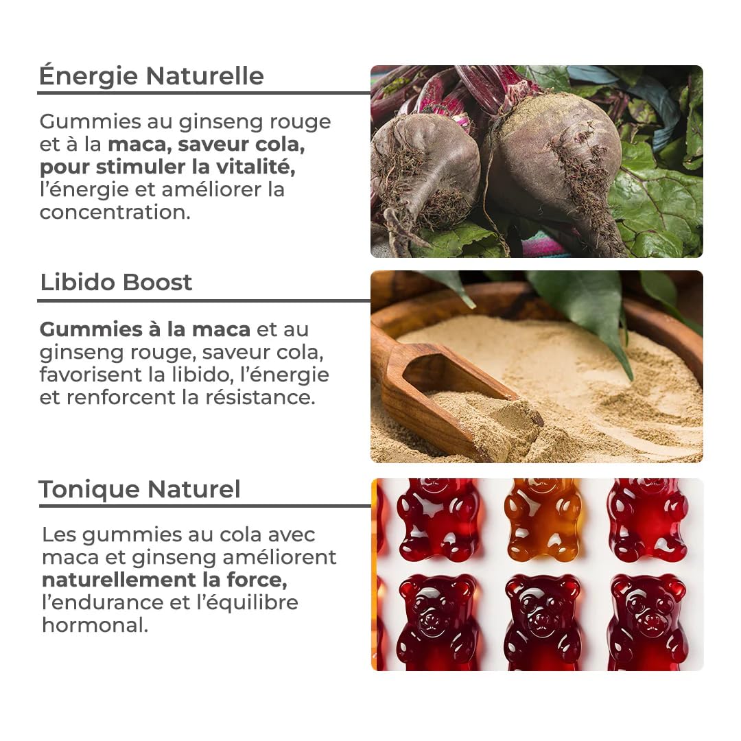 Gummies Ginseng Rouge avec de la Maca jaune BIO de Corée | Viagra homme naturel, Vitamine b12, Energie, Force, Augmente le désir et les performances, 60 gummies, Goût Fraise