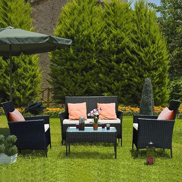 bigzzia Rattan Garden Furniture Set, 4 Piece Patio Rattan furniture Sofa Sets Weaving Wicker includes 2 Armchairs,1 Double seat Sofa and 1 table