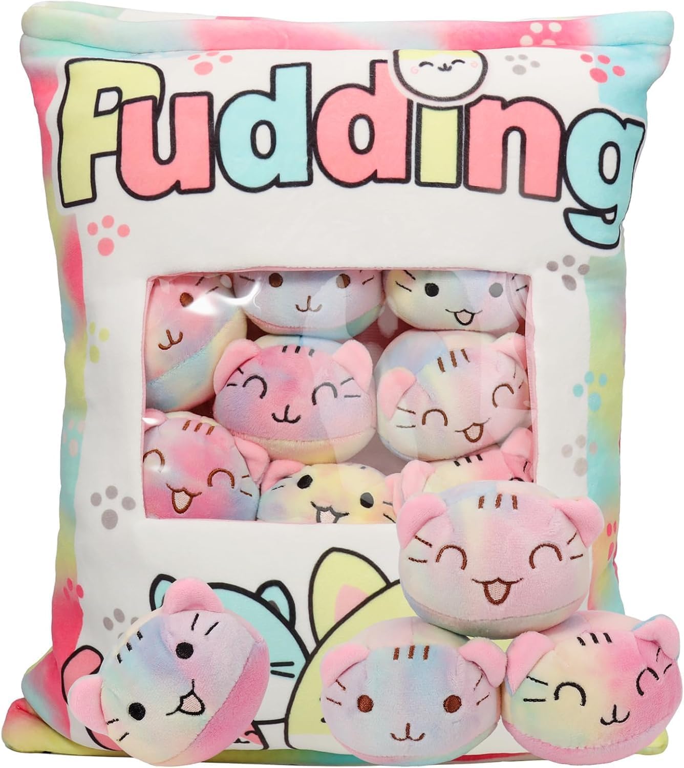 Cute Cat Plush Pillow with 8 Kitten Doll, Removable Throw Pillow Cats Stuffed Animals for Girls, Kawaii Cat Plushies Toy for Kids Girls Boys Women Birthday Gift