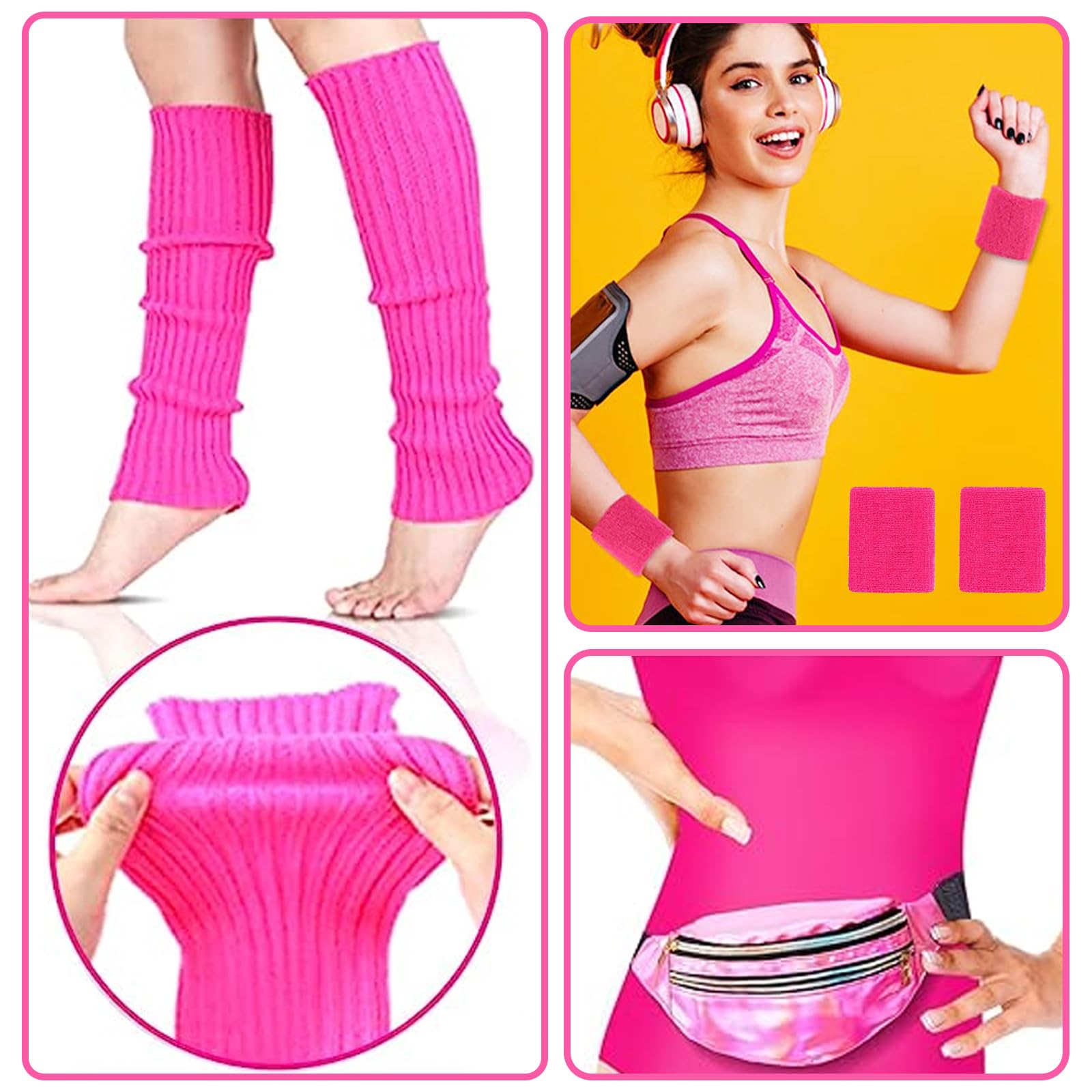 DAZZTIME 80er Jahre Outfit Damen,Damen 80er Jahre Workout Kostüm,80er Jahre Accessoires,90er Jahre Outfit,mit Bauchtasche,Stirnband,Beinwärmer,für Karneval,Halloween,Fasching,Mottoparty