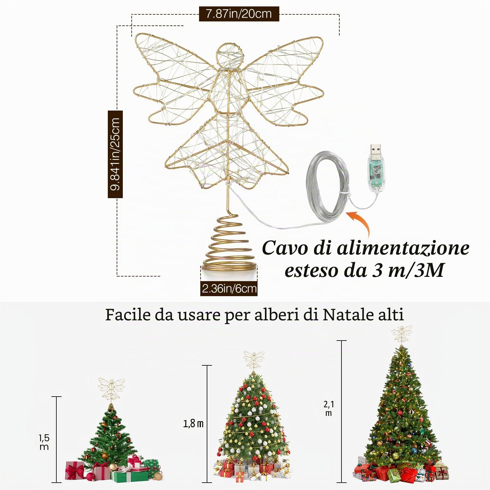 Lewondr Puntale per Albero di Natale a Forma di Angelo, 9,8" Topper con Base a Molla Telecomandato Alimentato da USB con 8 Modalità di Luce, Oro
