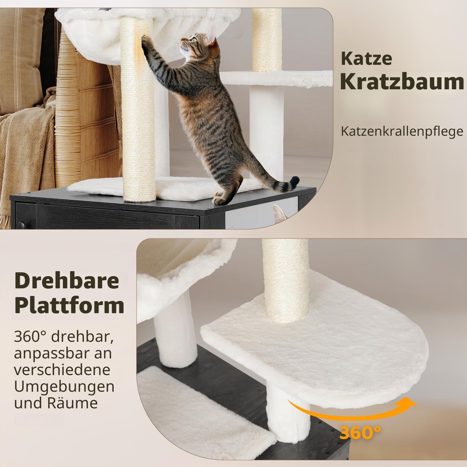 MAMIZO Kratzbaum mit Katzenkloschrank, 2-in-1 Katzenbaum, abnehmbare plüschkatzennest, 119 cm hoch, waschbare plüschkissen, Katzenmöbel, Kratzbaum Holz, Sisalstämmen, Hängematte für Katzen, Grau