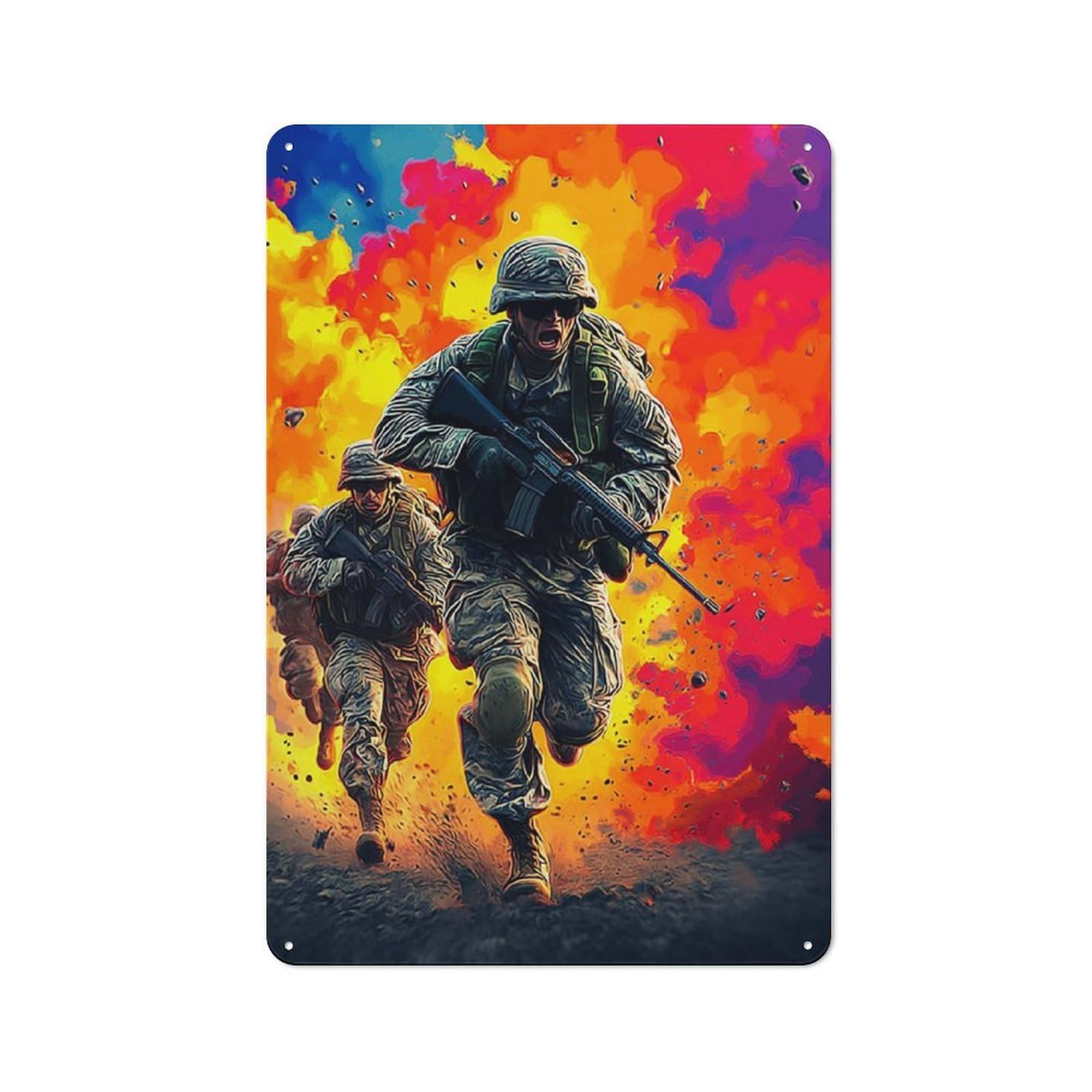Junmoney Soldiers In Action Amidst Explosions Cafe Style Metal Wall Decor 30X20cm, Vintage Metal Sign For Coffee Bar, Small Shop Or Dining Room
