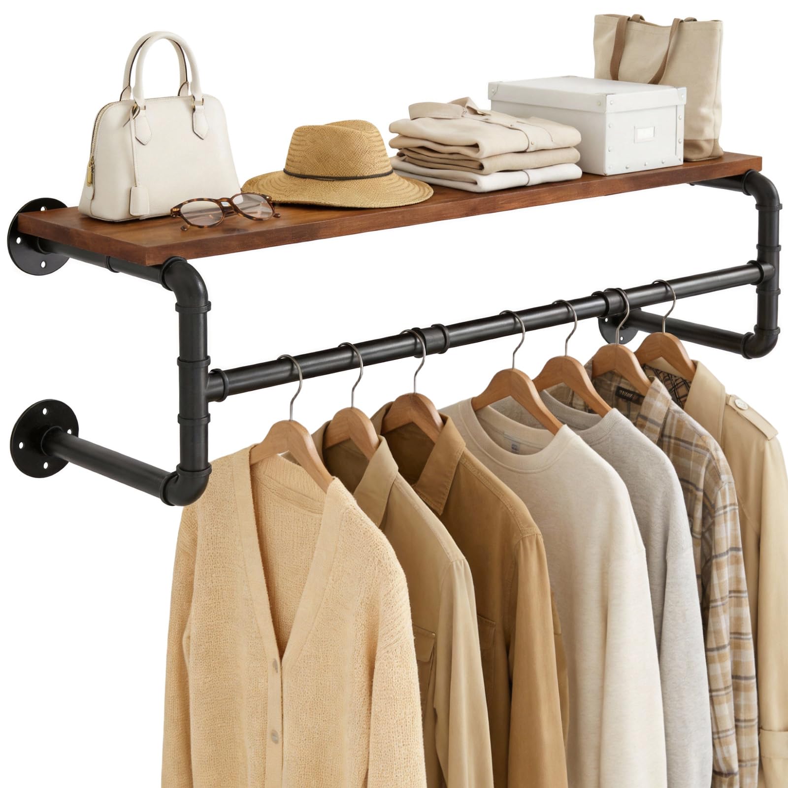 NBOUOU Wall Mounted Clothes Rail, 100cm Industrial Pipe Clothing Rack with Top Shelf, Shelves Clothes Hanging Rail Storage Organizer, Space Saving for Bedroom, Home, Shops, and Closets