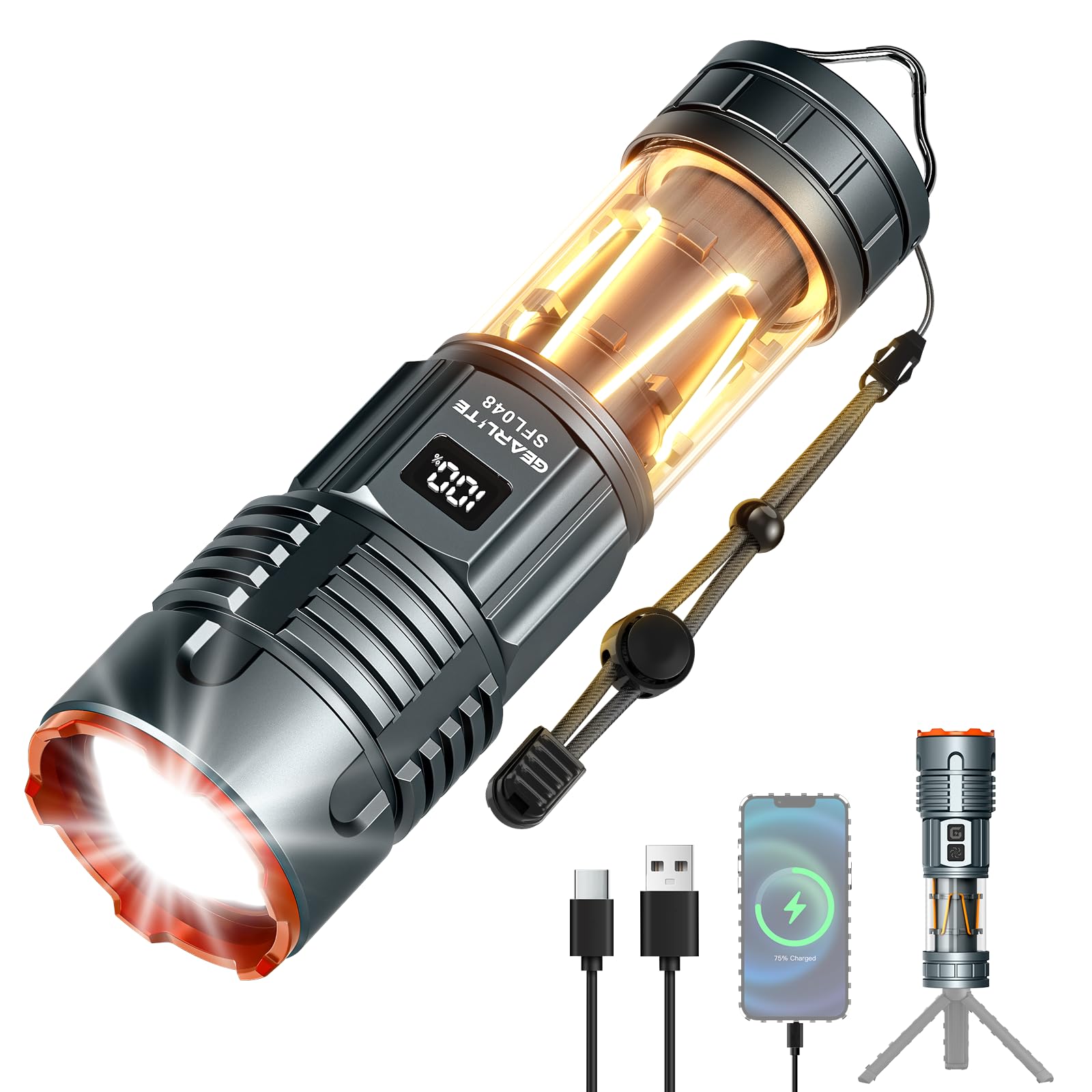 GEARLITE LED Taschenlampe Extrem Hell, Taschenlampe LED Aufladbar mit Campinglicht, 11 Lichtmodi, Lange Laufzeit, IP65 Wasserdichte Taktische Handlampe für Camping, Outdoor, Notfälle