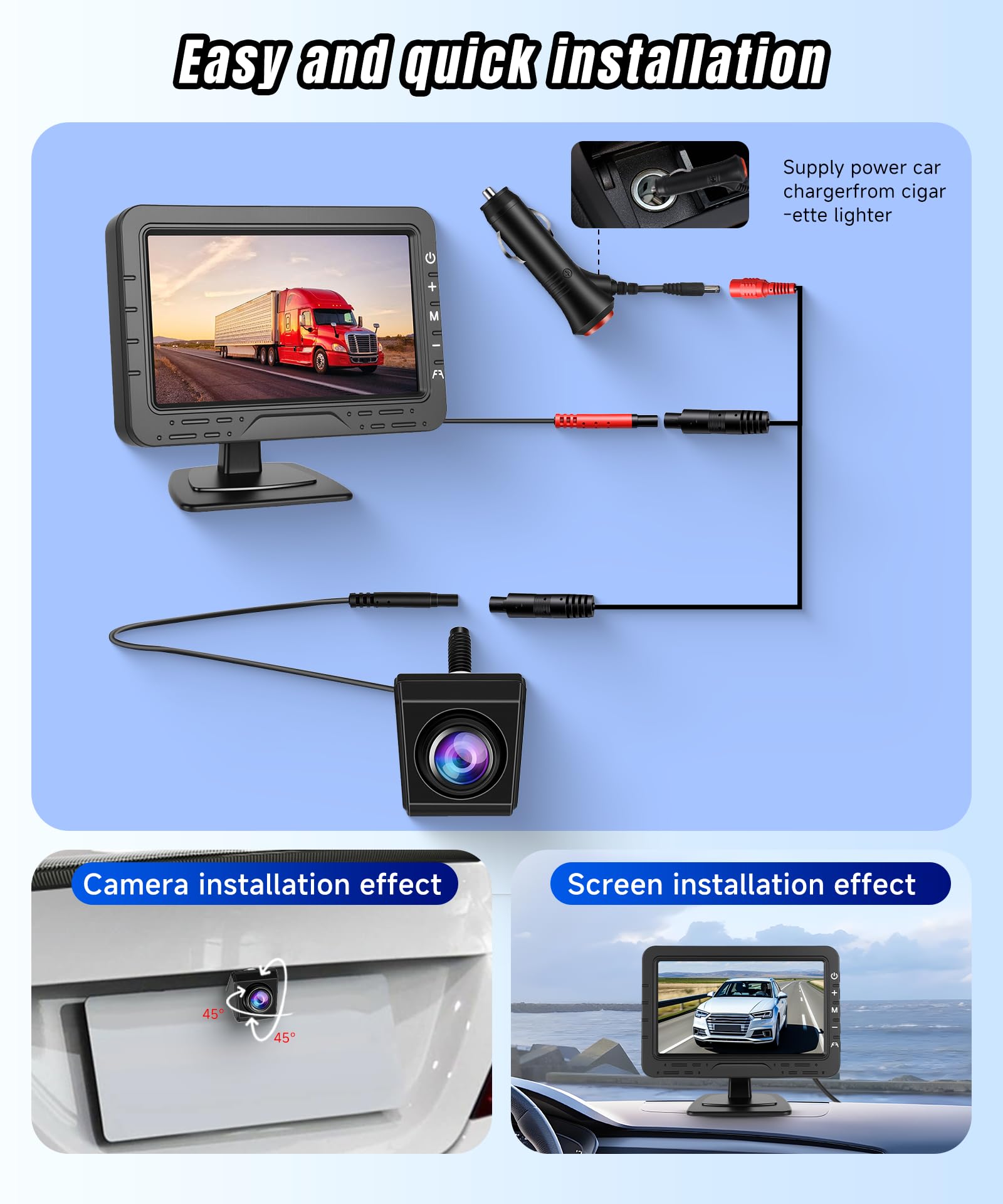 VECHTEL Kabel kamery cofania z ekranem HD 4,3", widoczność w nocy, IP68, obracana kamera cofania z pomocnikiem cofania, łatwa instalacja, zdejmowany ekran z wtyczką do zapalniczki samochodowej