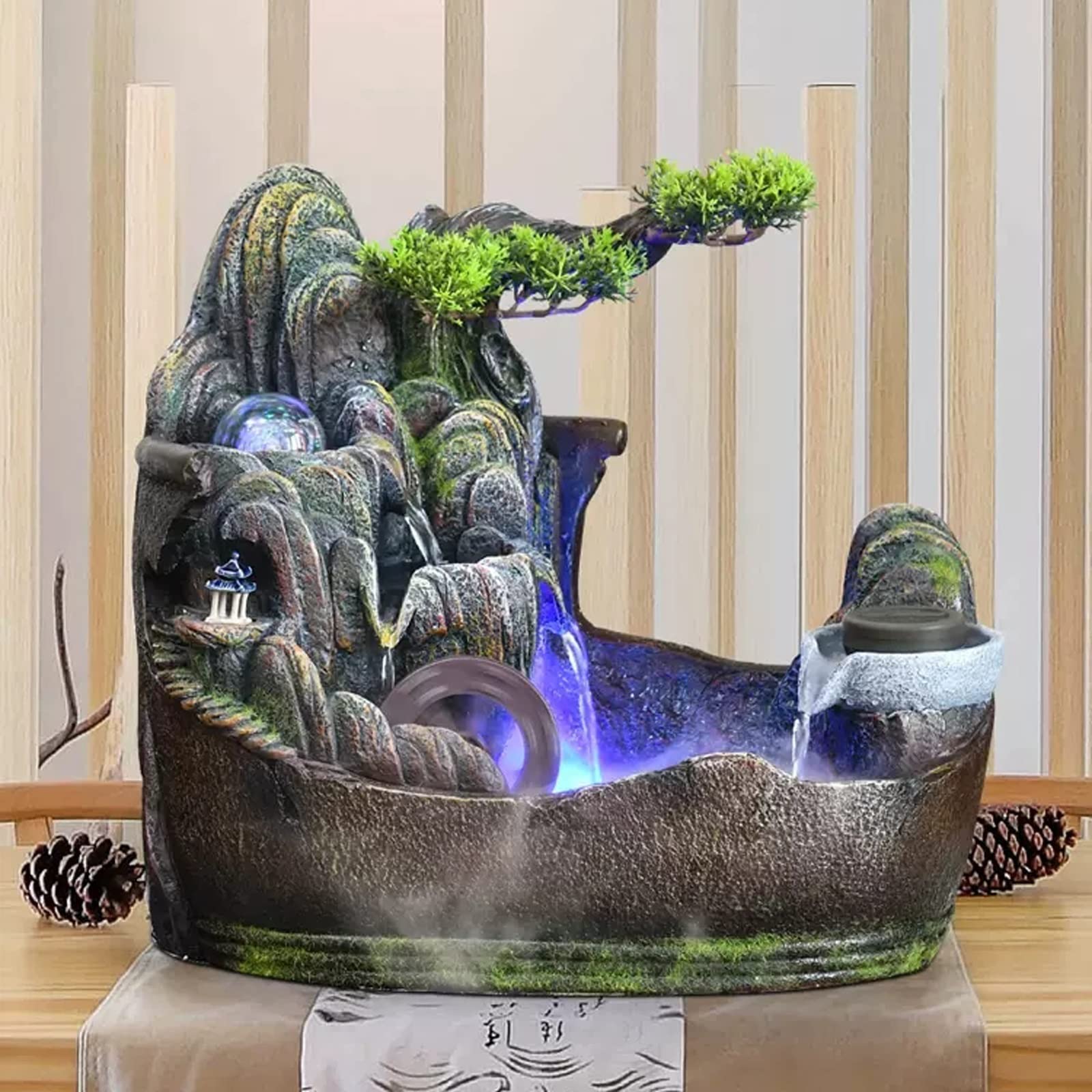 Fuente Decorativa de jardín, Fuente de Agua con Cascada, de Resina, con Bomba de Agua, Feng Shui Zen, decoración para salón, Dormitorio, Oficina, 30 x 19 x 26 cm, Tamaño Klein
