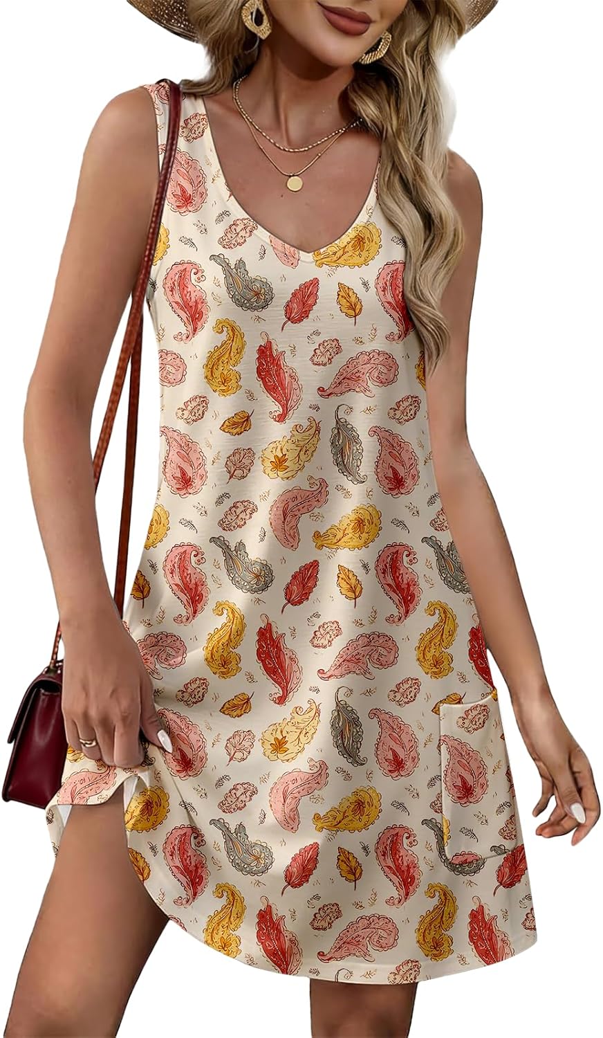 Rose Floral Sundresses for Women 2026 Sleeveless V Neck Loose A Line Summer Casual Vacation Dresses Pocket