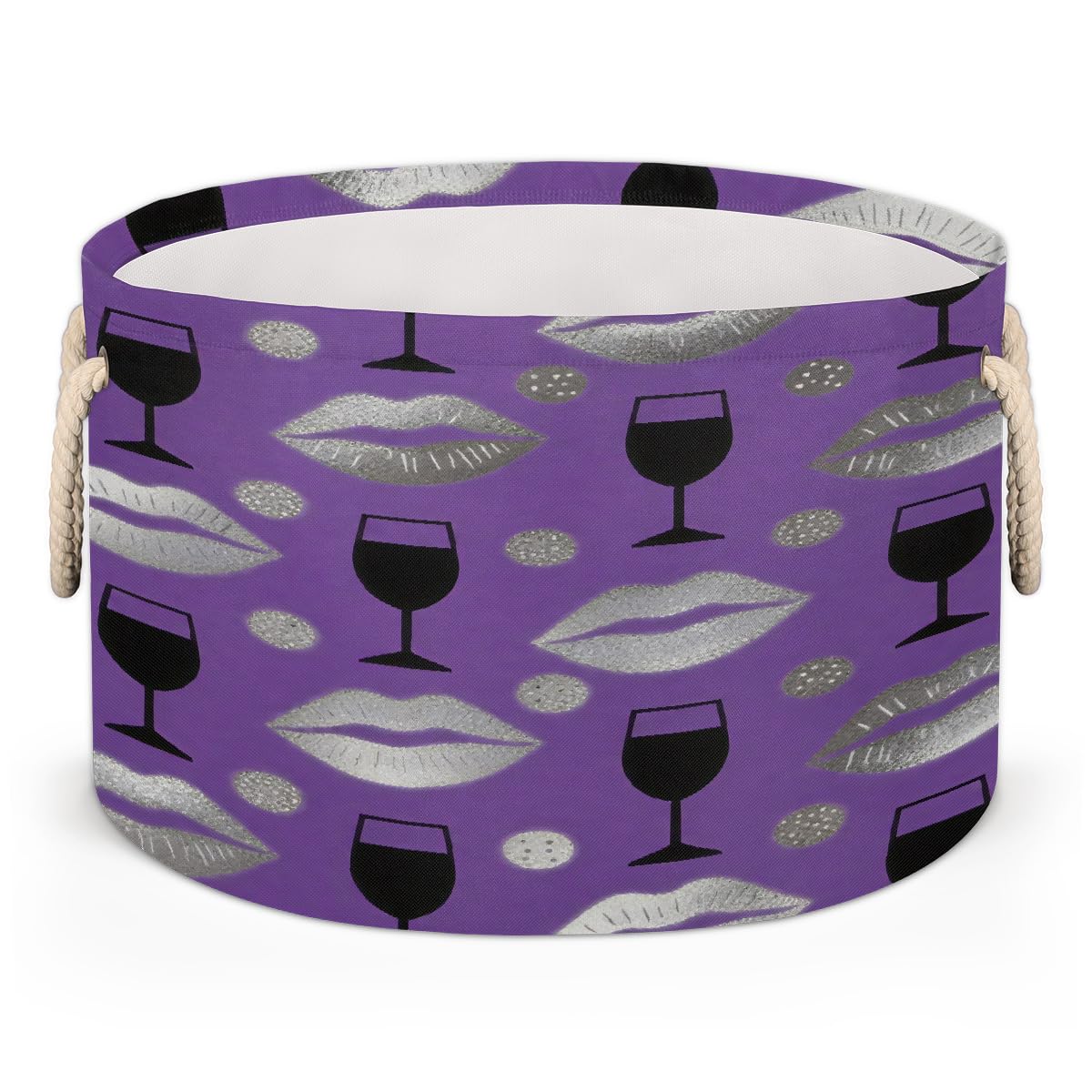 Panier de rangement rond 50x34 cm pliable en tissu avec motif lèvres argentées