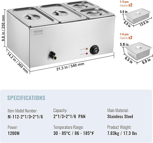 Miniatura 7 de VEVOR Calentador de alimentos comercial de 4 bandejas, mesa de vapor eléctrica de 24 cuartos de galón, encimera profesional de 1200 W de acero