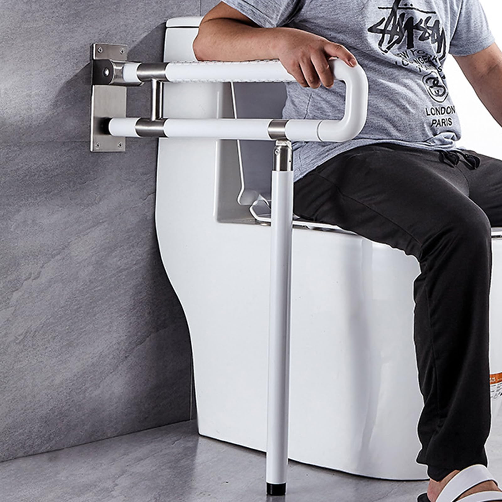 Barras de Apoyo para Baño, 80cm De Acero Inoxidable de Pie Inodoros Manija | Antideslizante Barra Abatible Para Inodoro, Minusválidos WC, Barra Baño Minusválido Carga hasta 350 kg (771 lb) (Blanco)