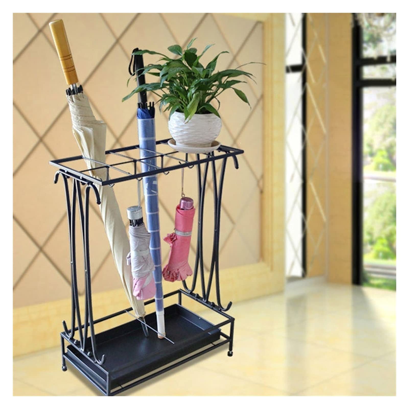 GHHVFEC Large Capacity Black Metal Umbrella Stand for Hotels, Offices, Schools - Holds 18-68 Umbrellas, Includes 10 Drainage Holes and 8 Hooks for Easy nization