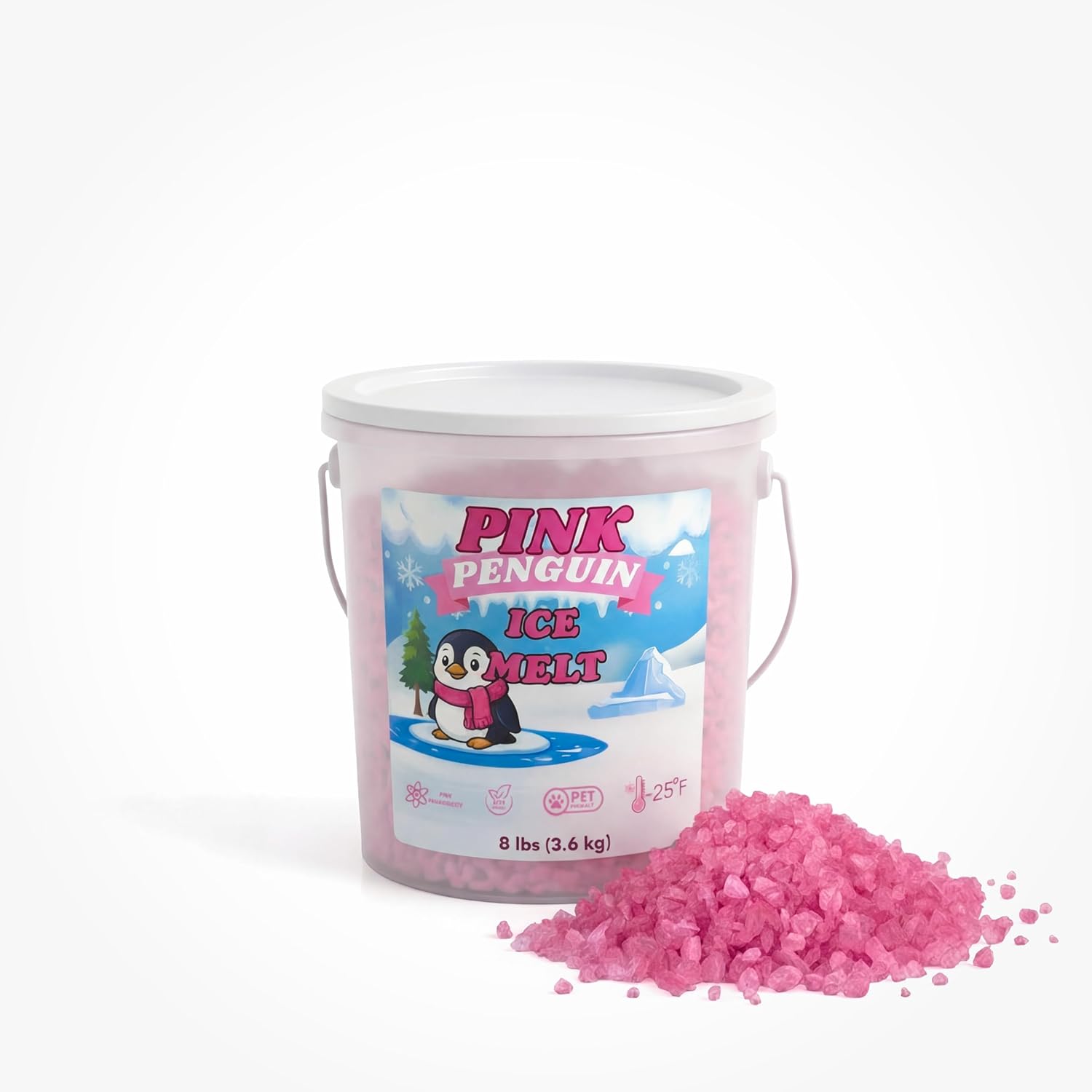 Pink Penguin Calcium Magnesium Acetate Ice Melt 8 lb Pet Safe De-Icer Works in Extreme Winter Conditions Safe for Driveways, Sidewalks & Steps