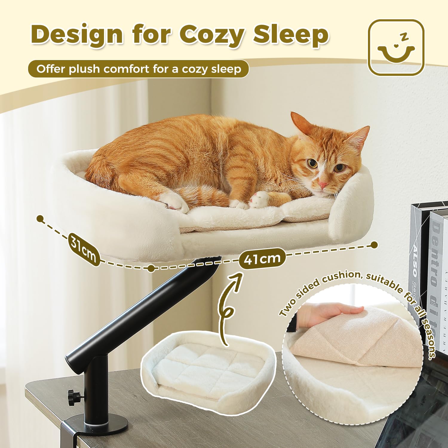PAWZ Road - Cama para gato de oficina con bola de peluche interactiva, cesta para, soporte de cama giratorio de 360°, hamaca para gato para arañar, soporta hasta 22,5 kg, color beige
